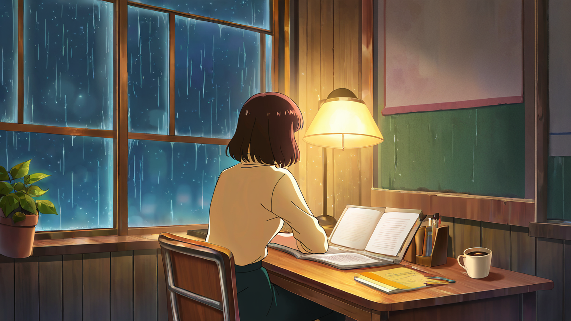 girl desk night lamp lofi wallpaper