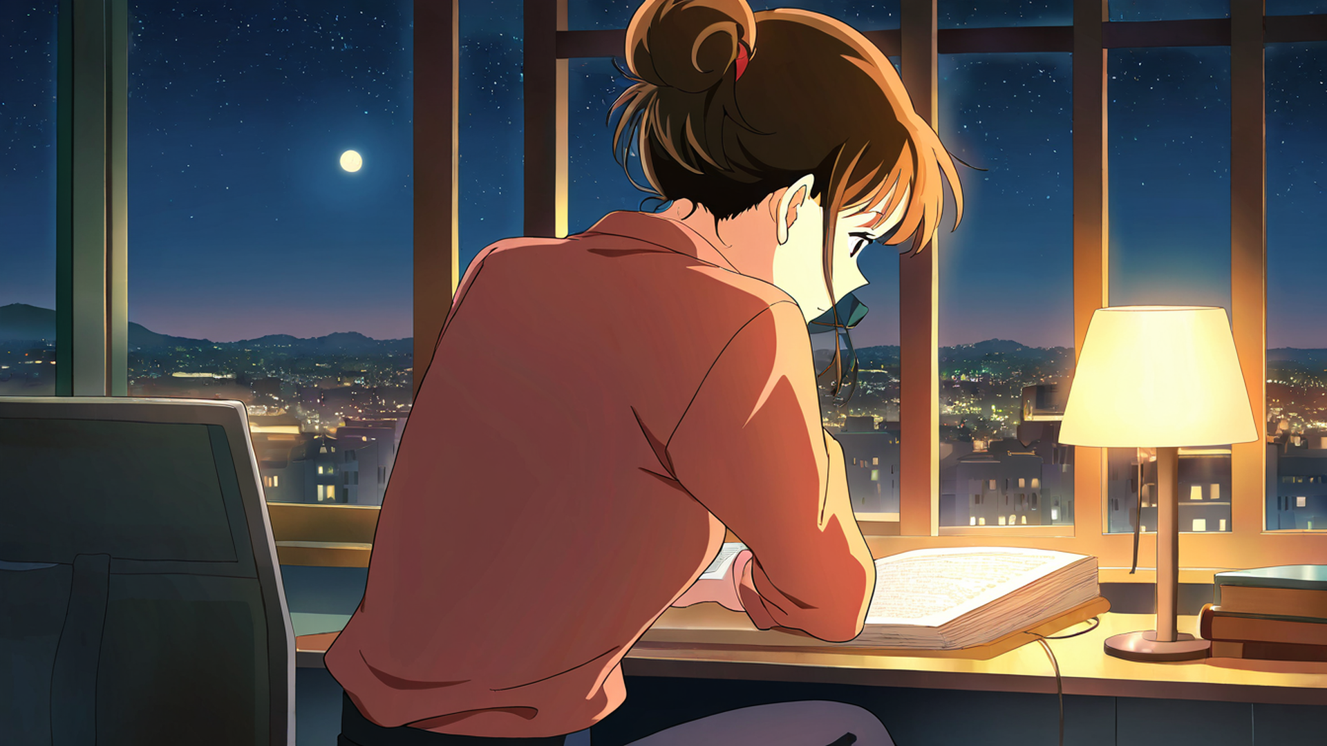 girl desk night lamp lofi wallpaper