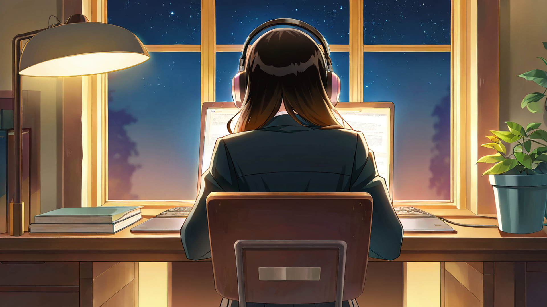 girl desk night lamp lofi wallpaper