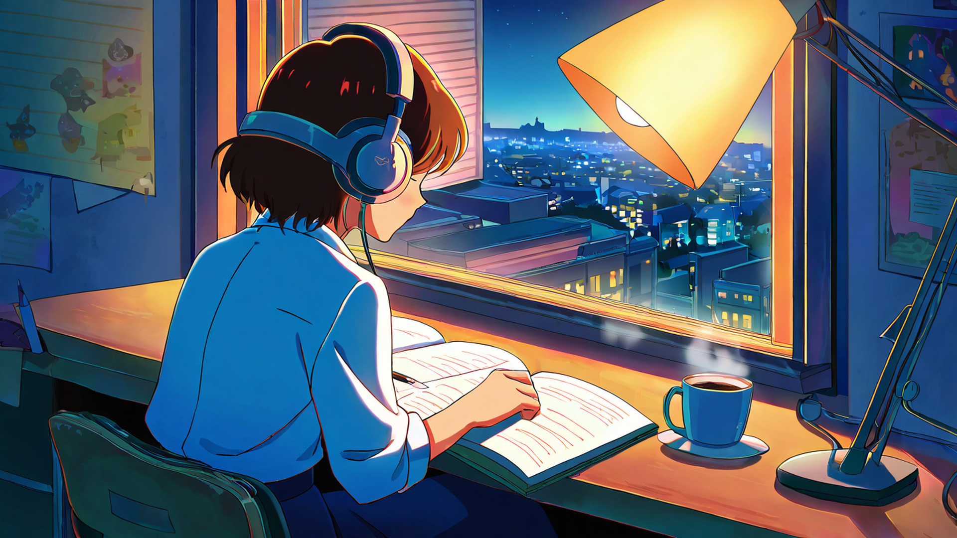 girl desk night lamp lofi wallpaper