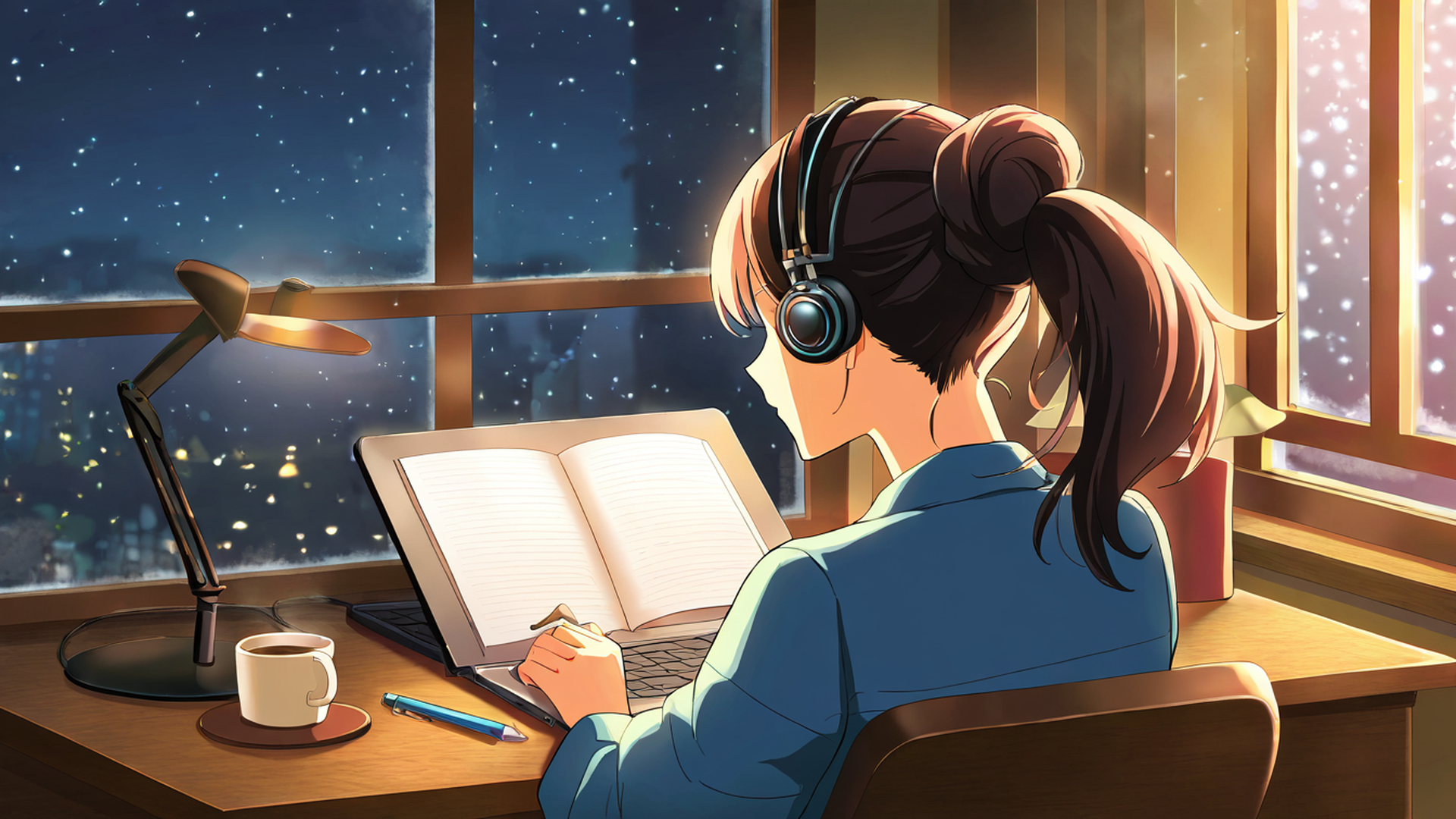girl desk night lamp lofi wallpaper