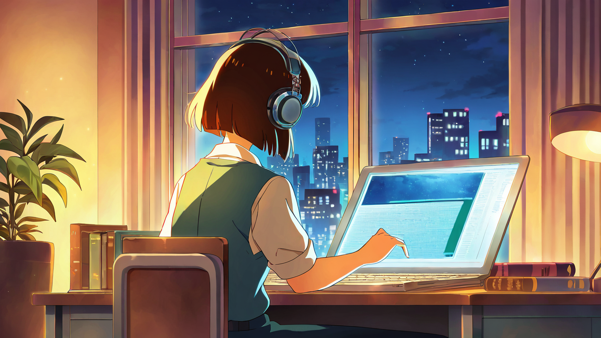 girl desk night lamp lofi wallpaper