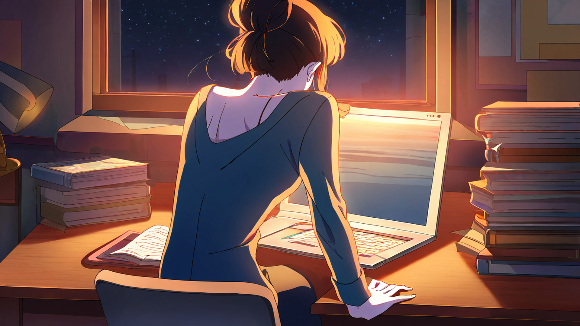 girl desk night lamp lofi wallpaper