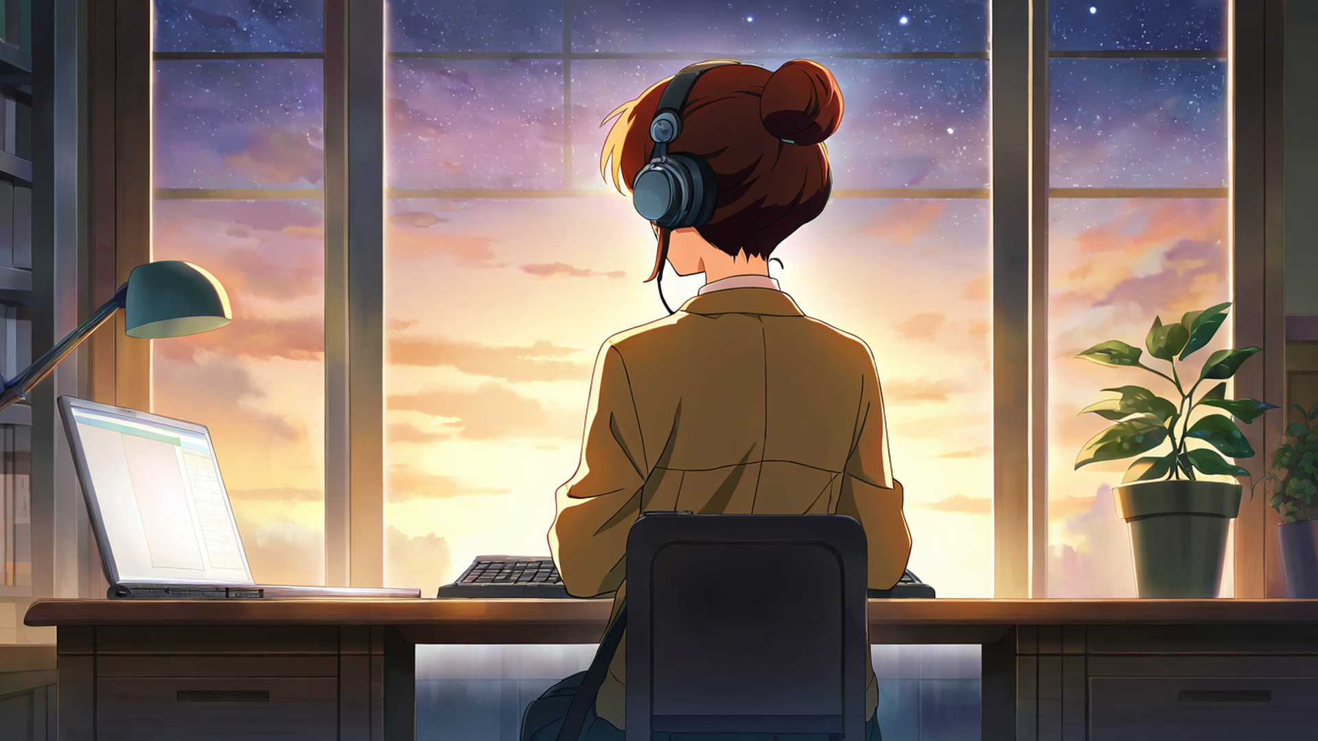 girl desk night lamp lofi wallpaper