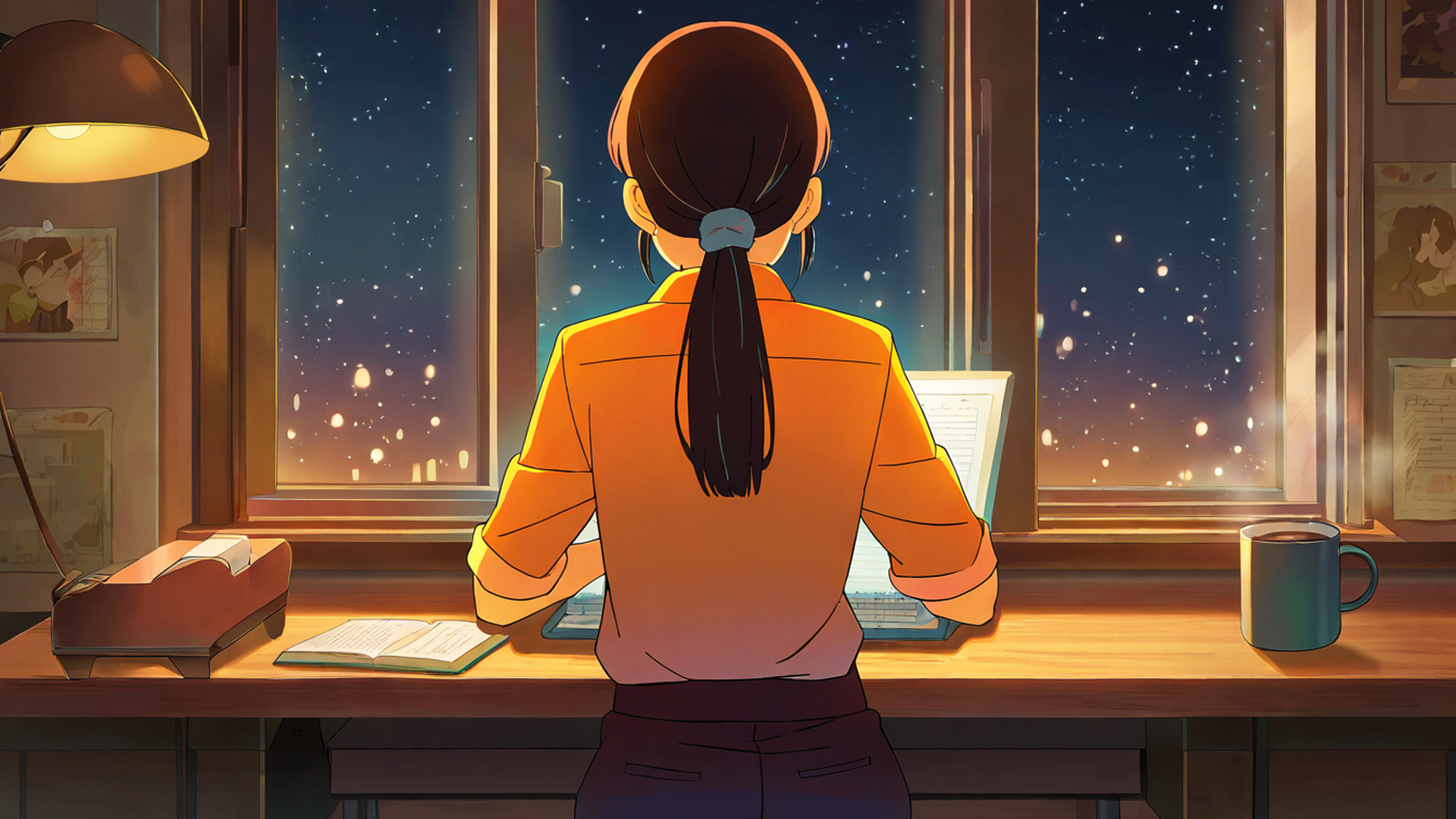 girl desk night lamp lofi wallpaper