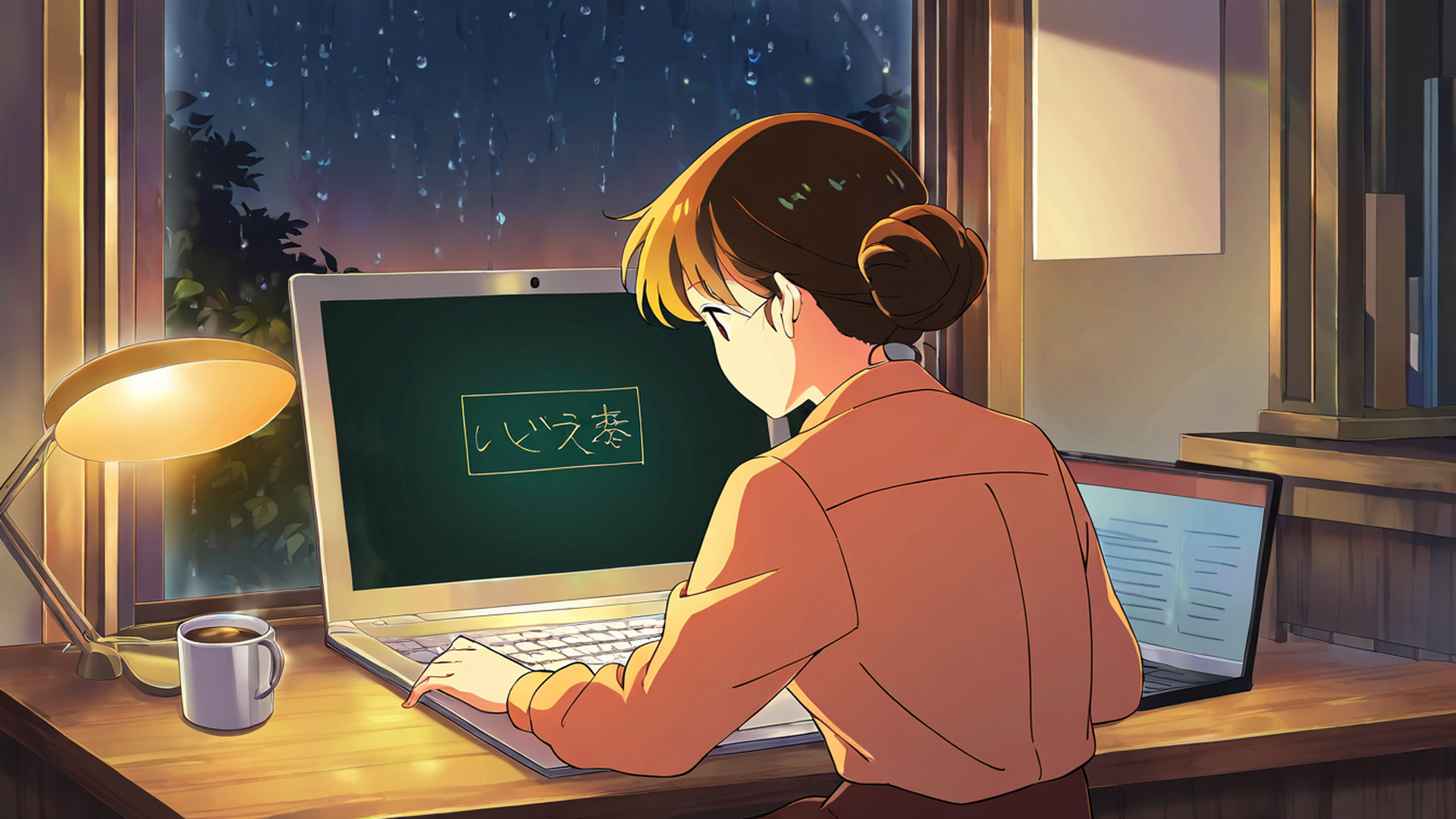 girl desk night lamp lofi wallpaper