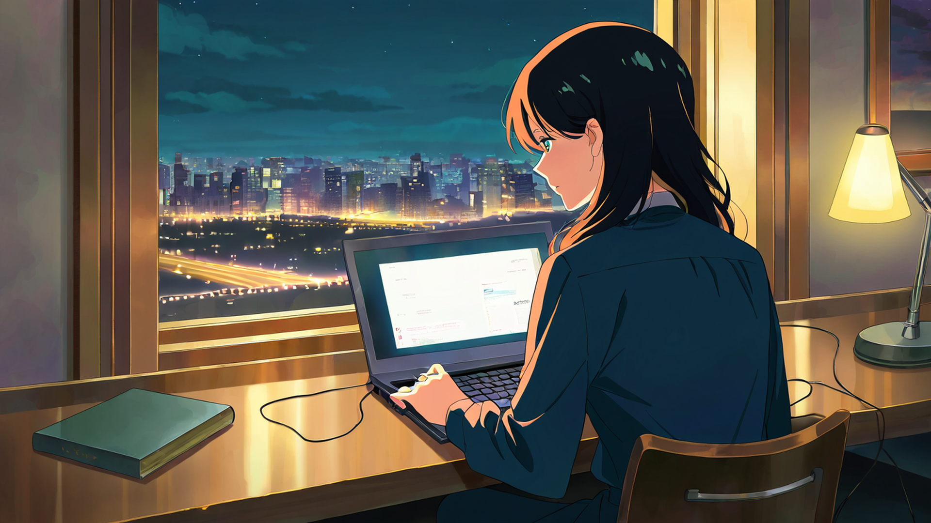 girl desk night lamp lofi wallpaper