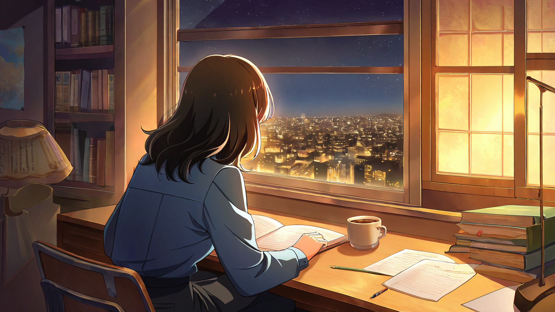 girl desk night lamp lofi wallpaper