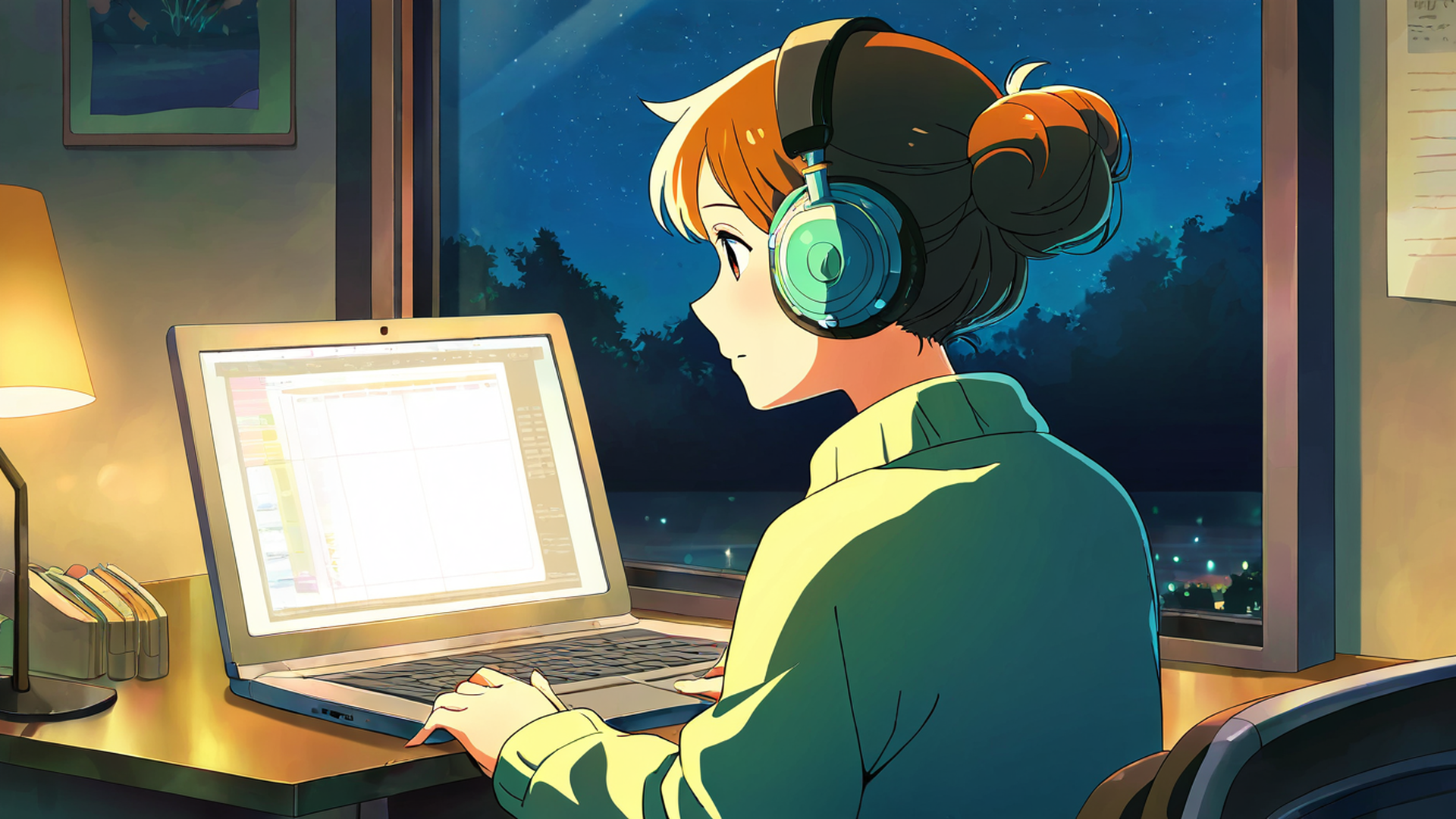girl desk night lamp lofi wallpaper
