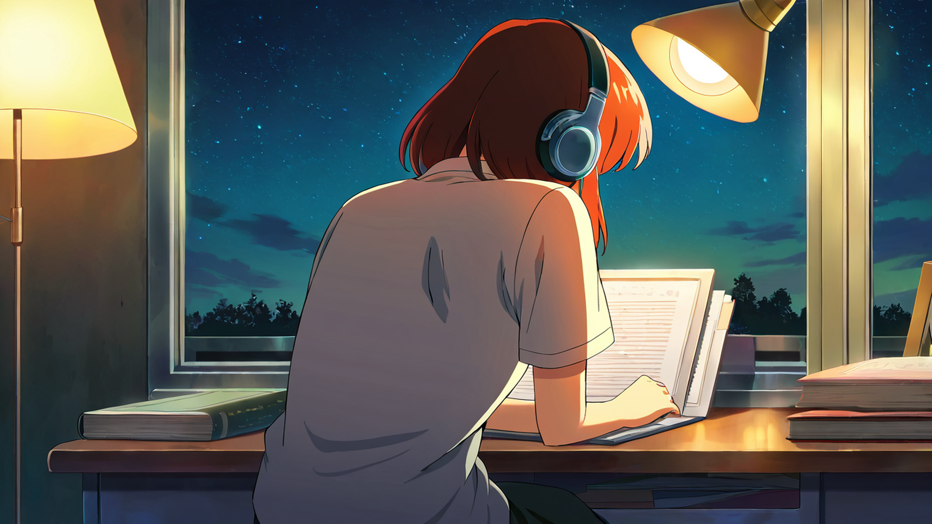 girl desk night lamp lofi wallpaper