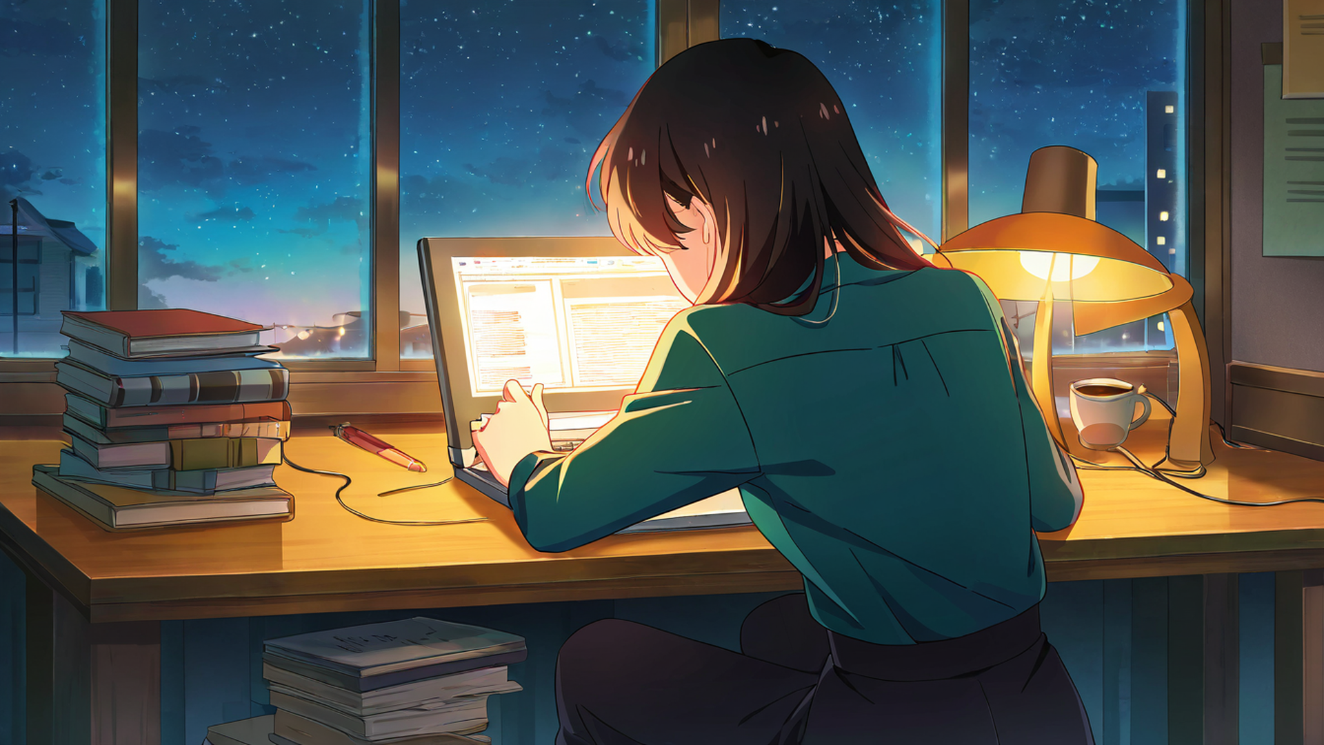 girl desk night lamp lofi wallpaper