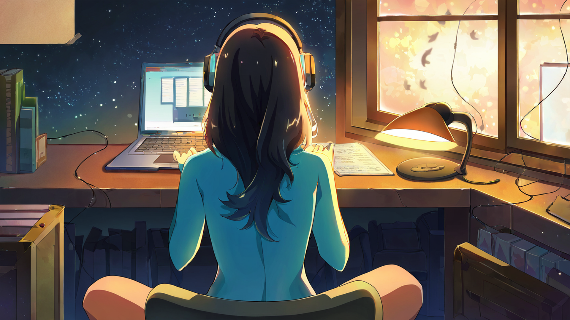girl desk night lamp lofi wallpaper