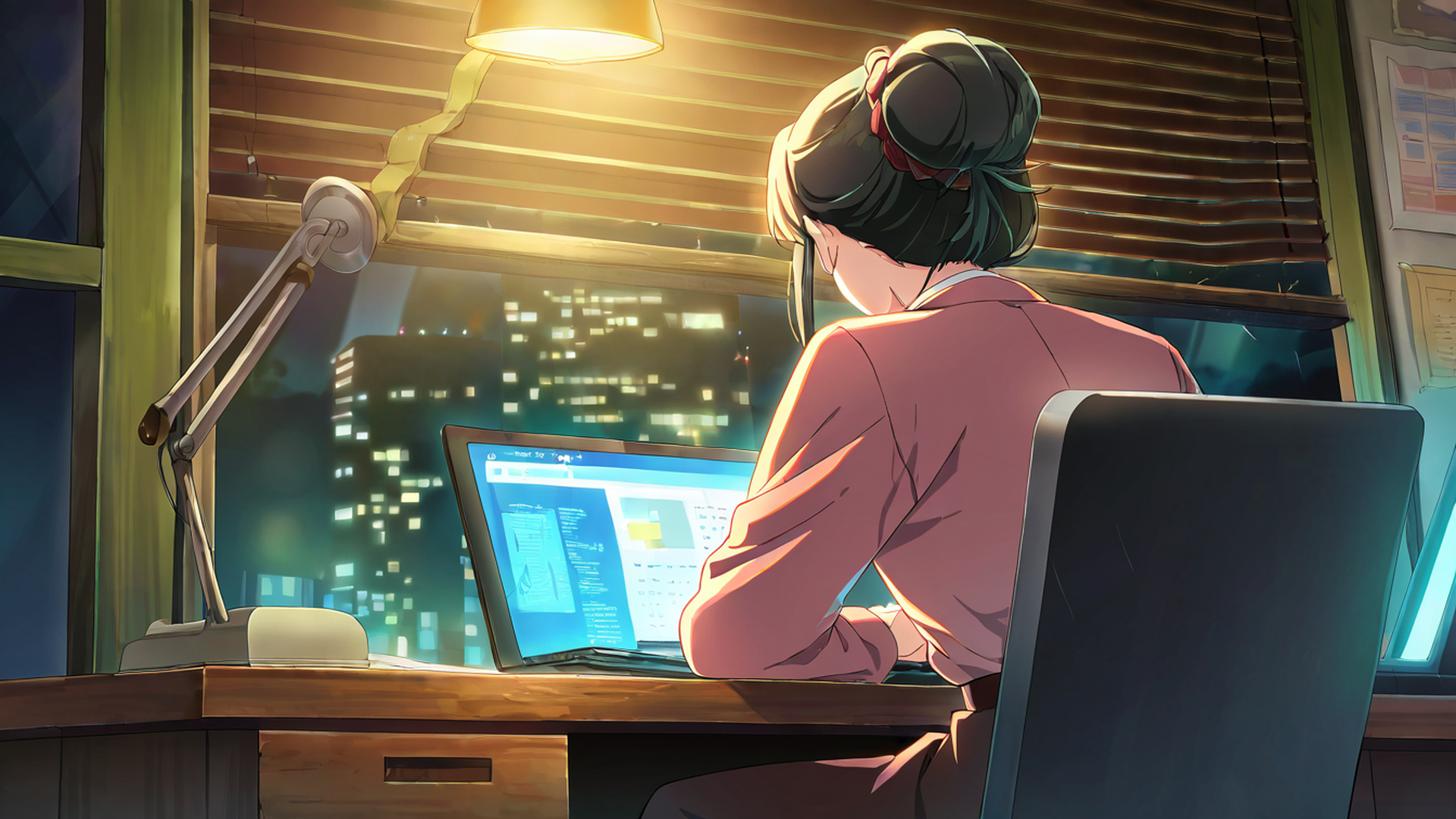 girl desk night lamp lofi wallpaper