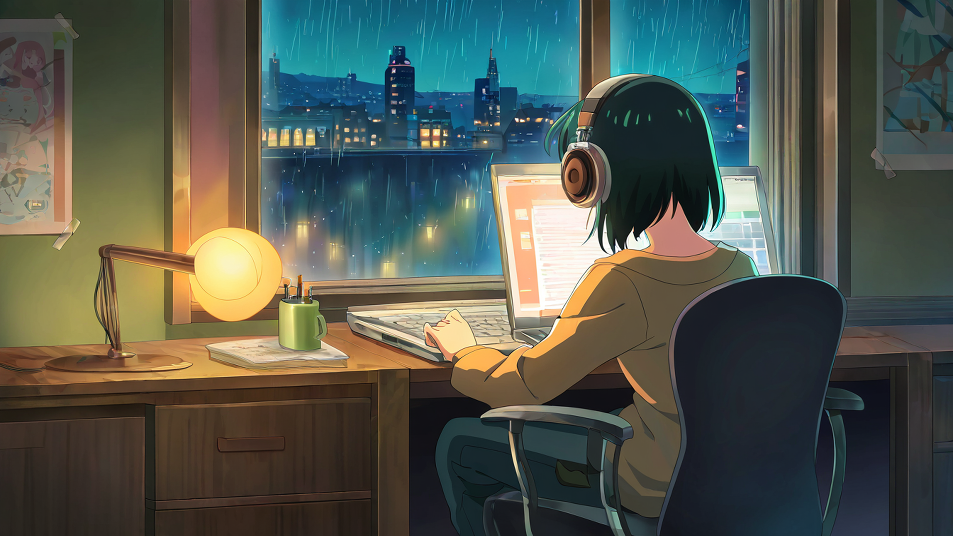 girl desk night lamp lofi wallpaper
