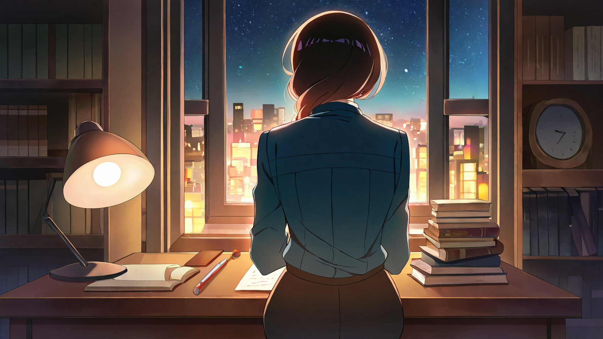 girl desk night lamp lofi wallpaper