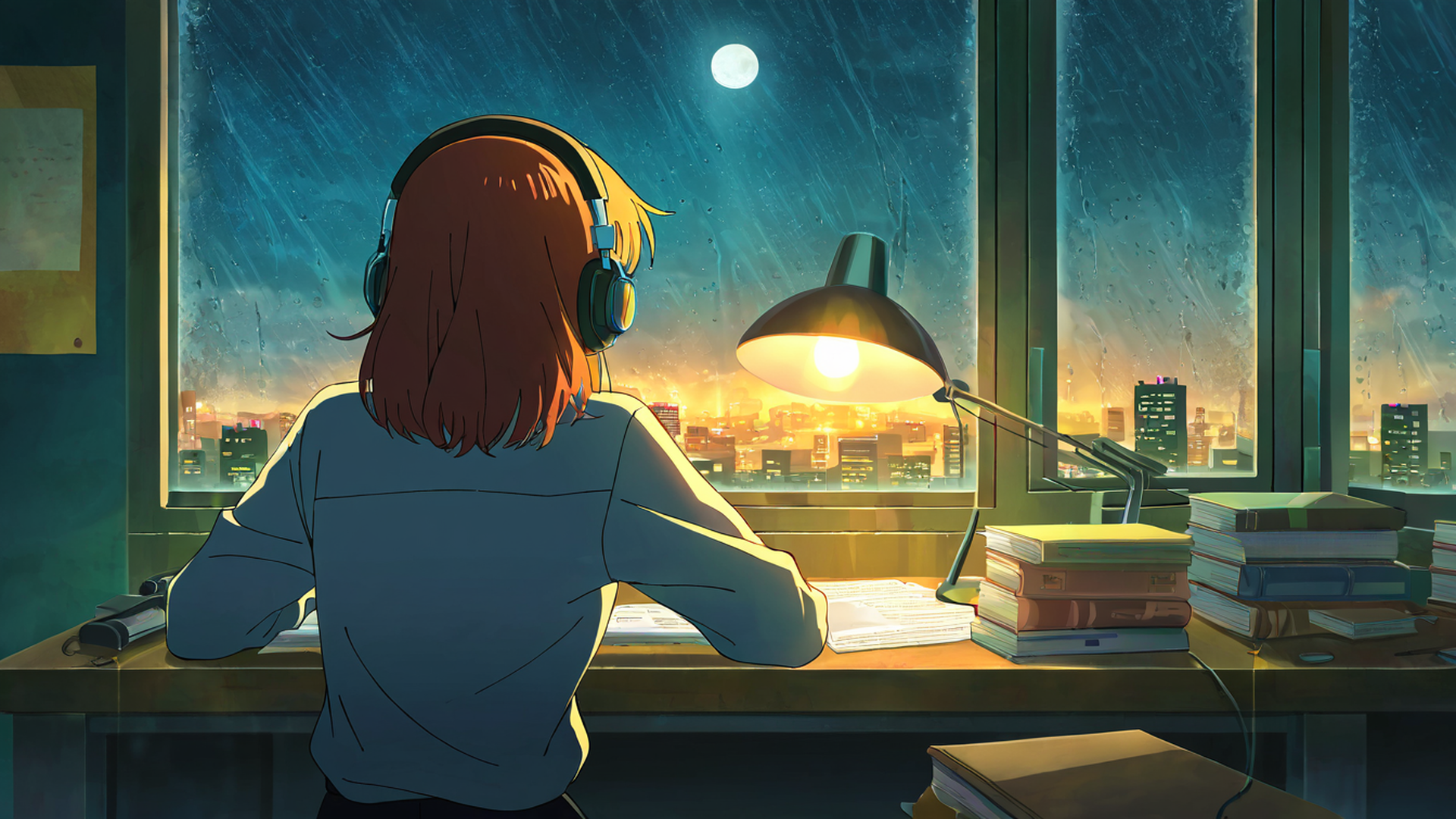 girl desk night lamp lofi wallpaper
