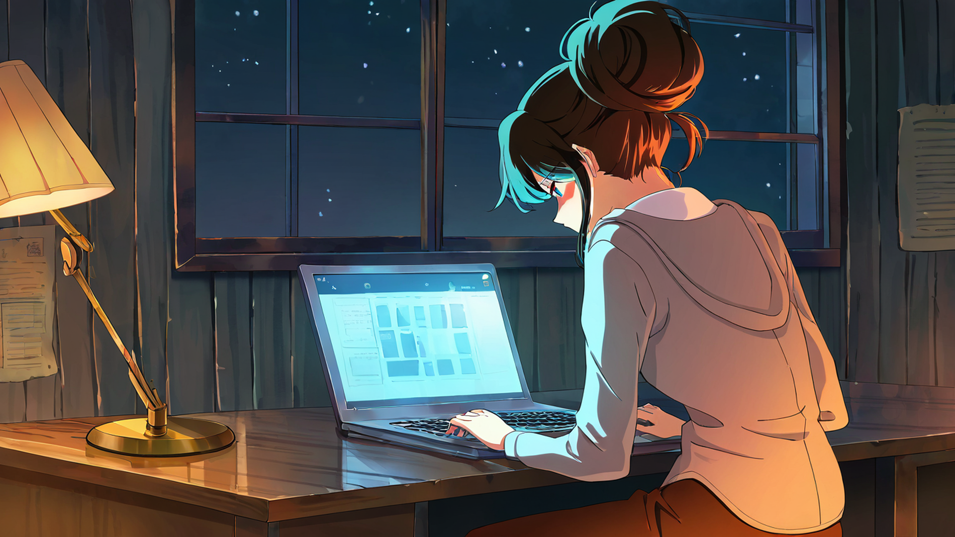 girl desk night lamp lofi wallpaper