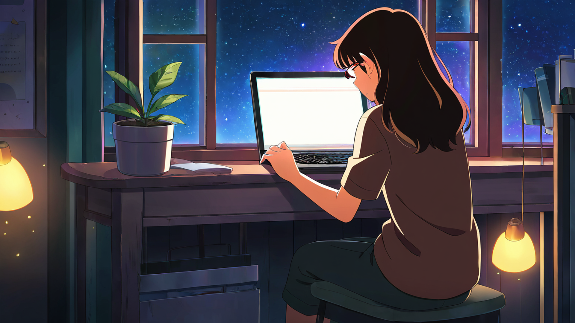 girl desk night lamp lofi wallpaper