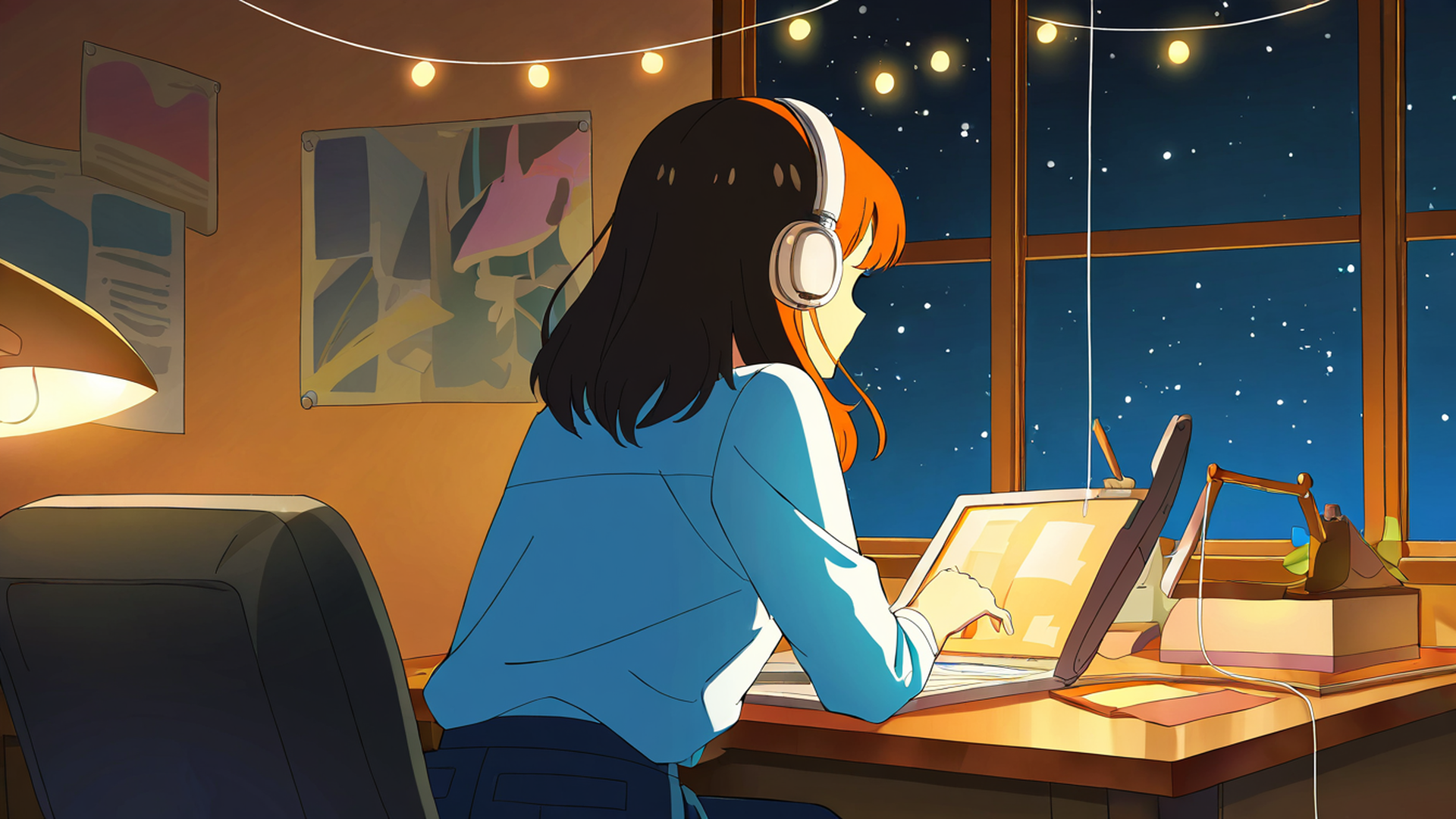 girl desk night lamp lofi wallpaper