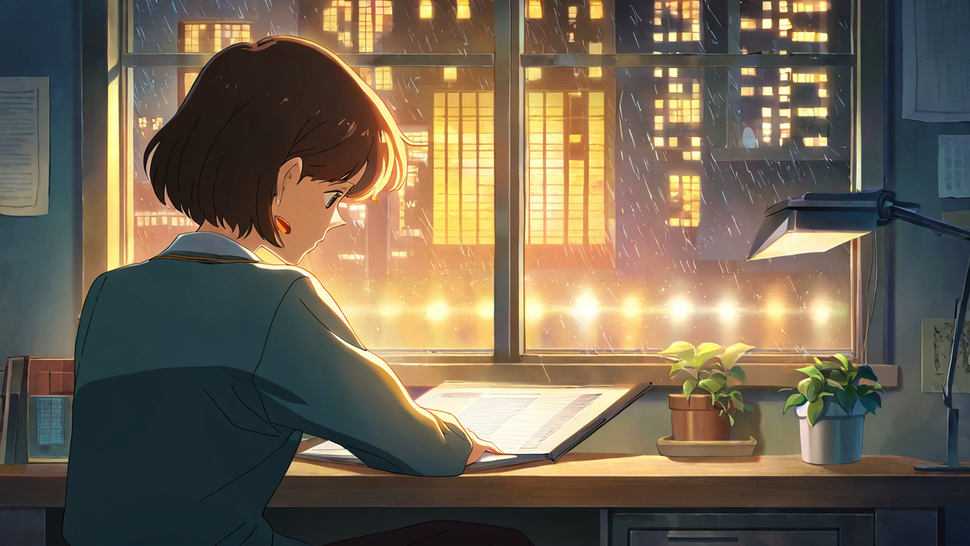 girl desk night lamp lofi wallpaper