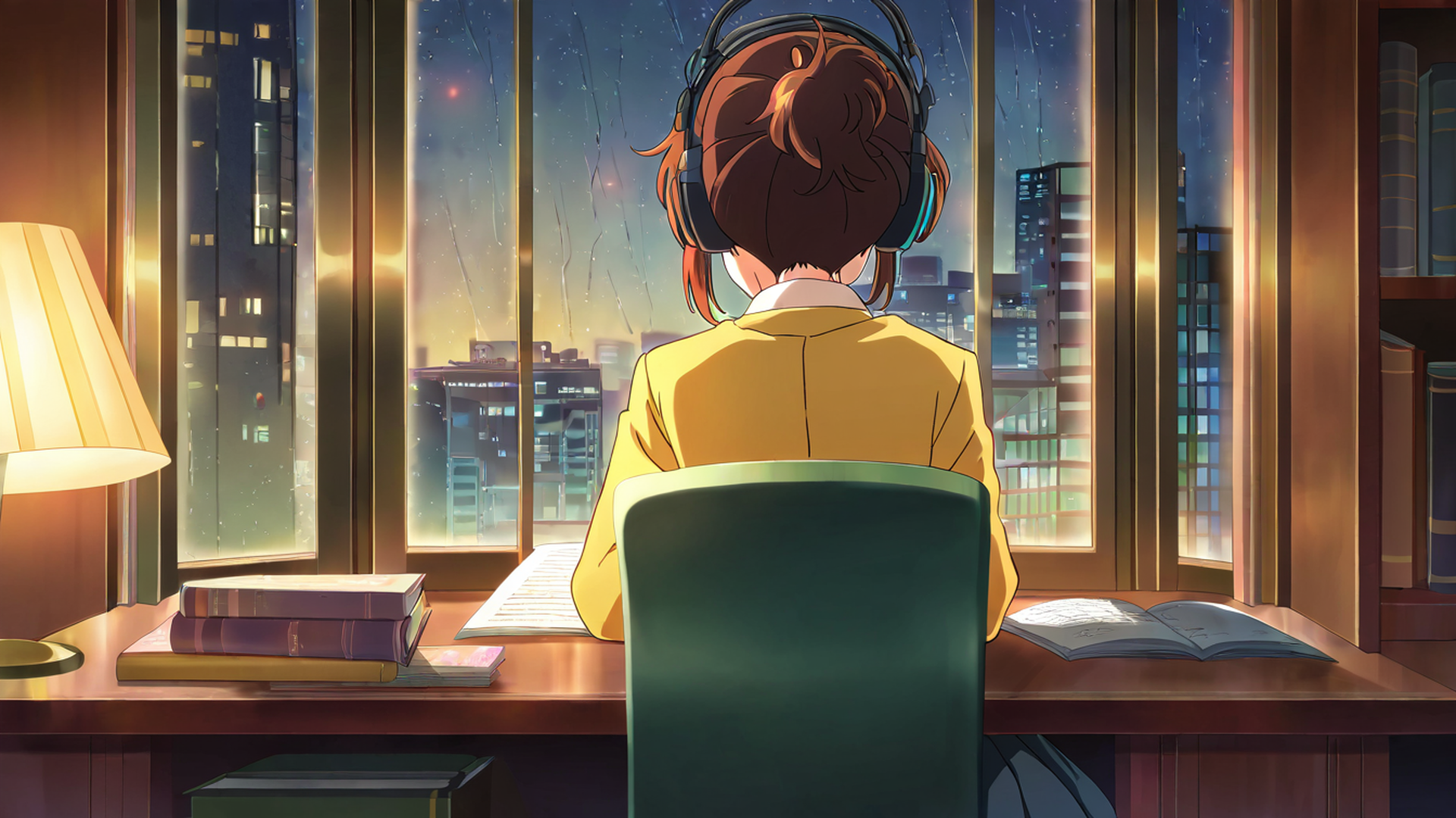girl desk night lamp lofi wallpaper