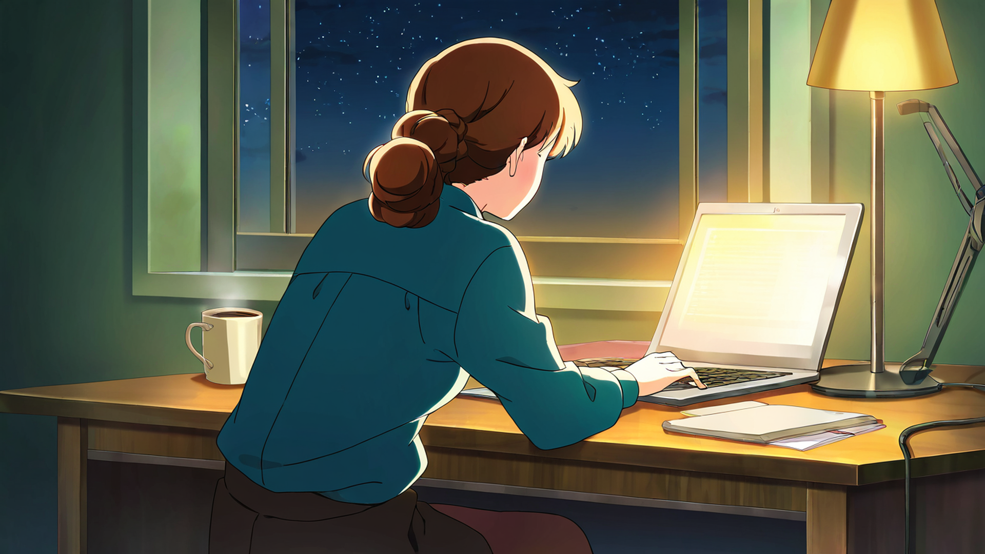 girl desk night lamp lofi wallpaper