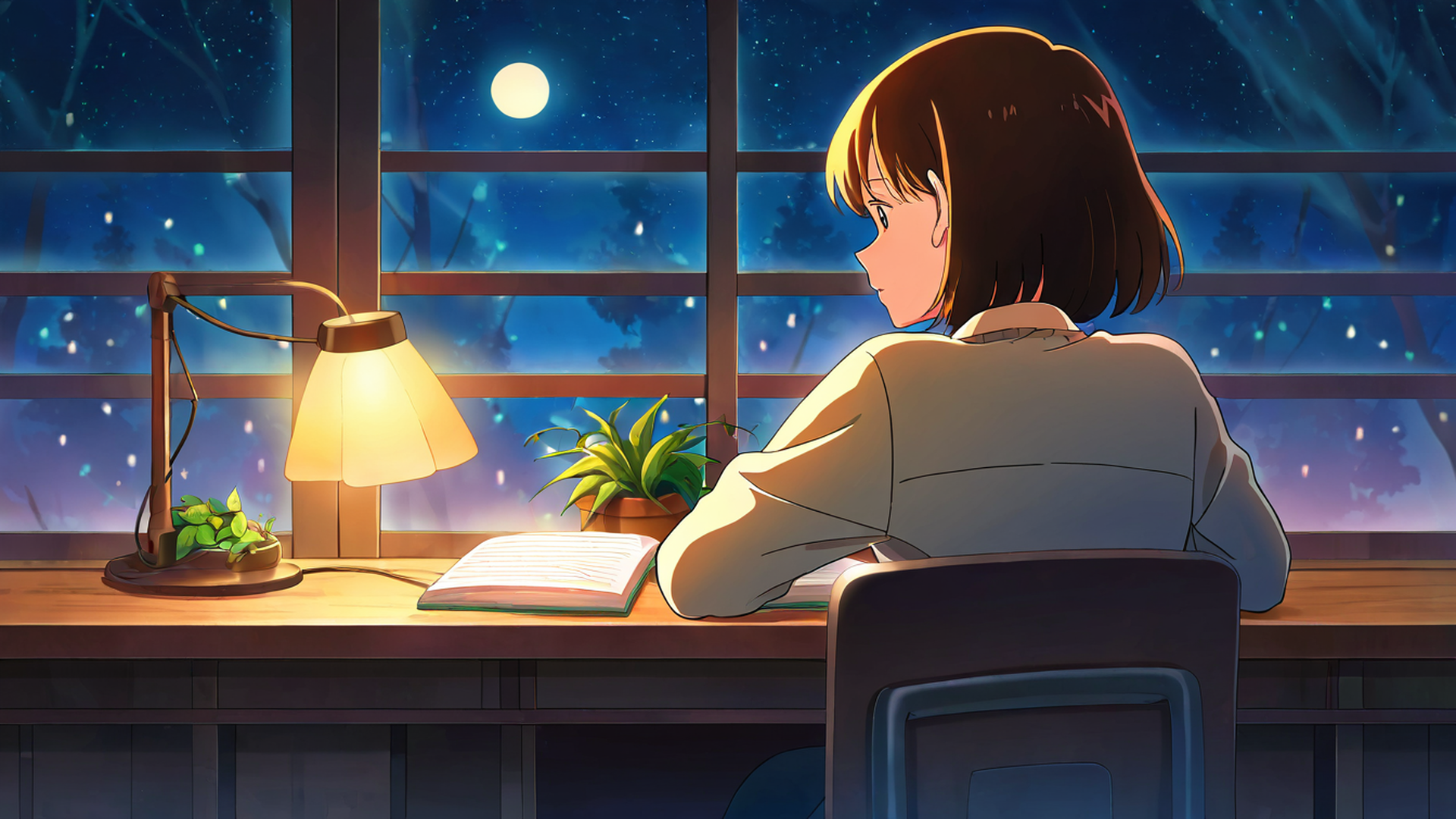 girl desk night lamp lofi wallpaper