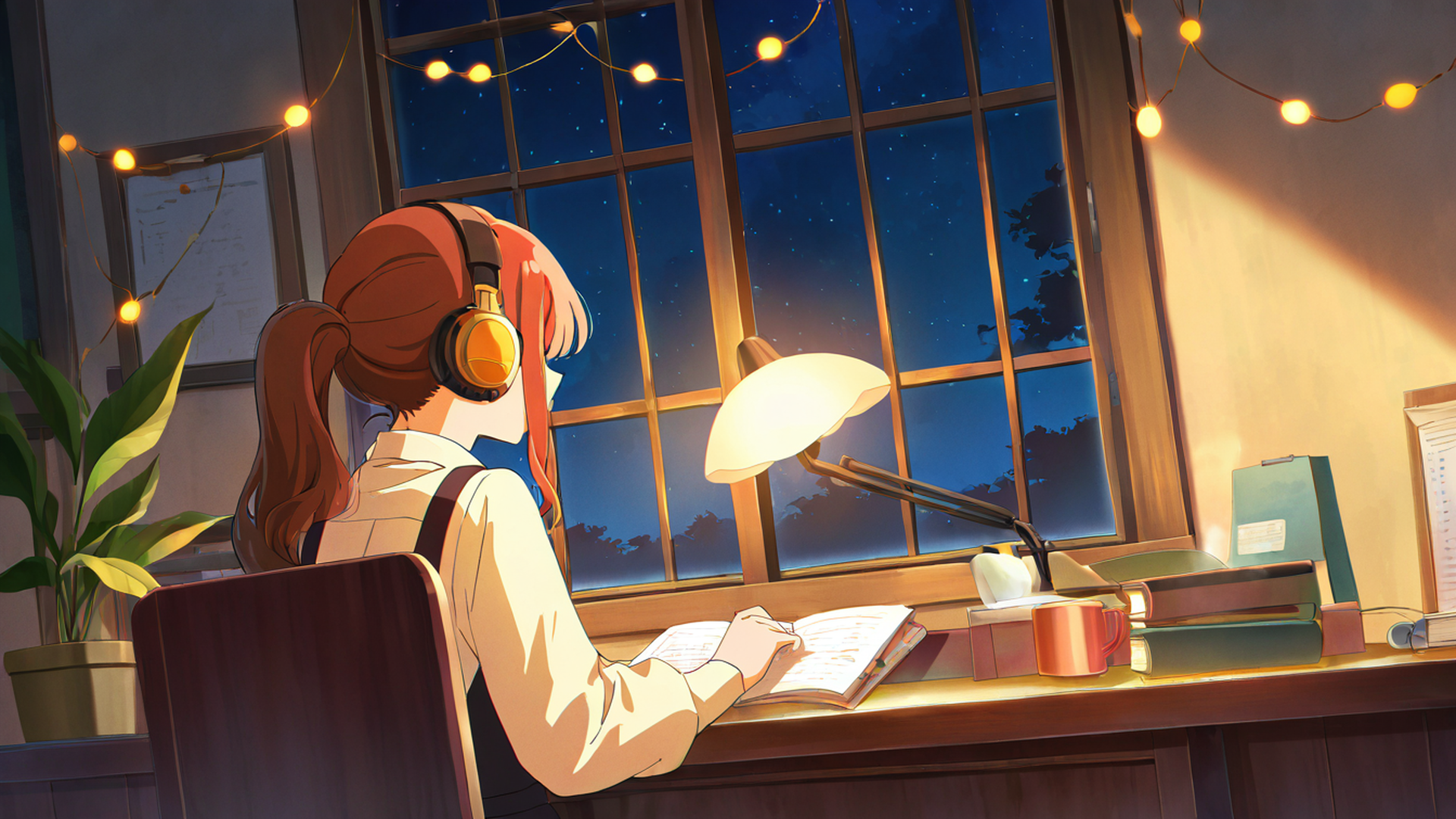 girl desk night lamp lofi wallpaper