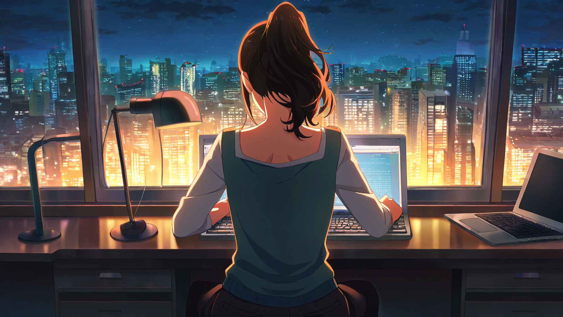 girl desk night lamp lofi wallpaper