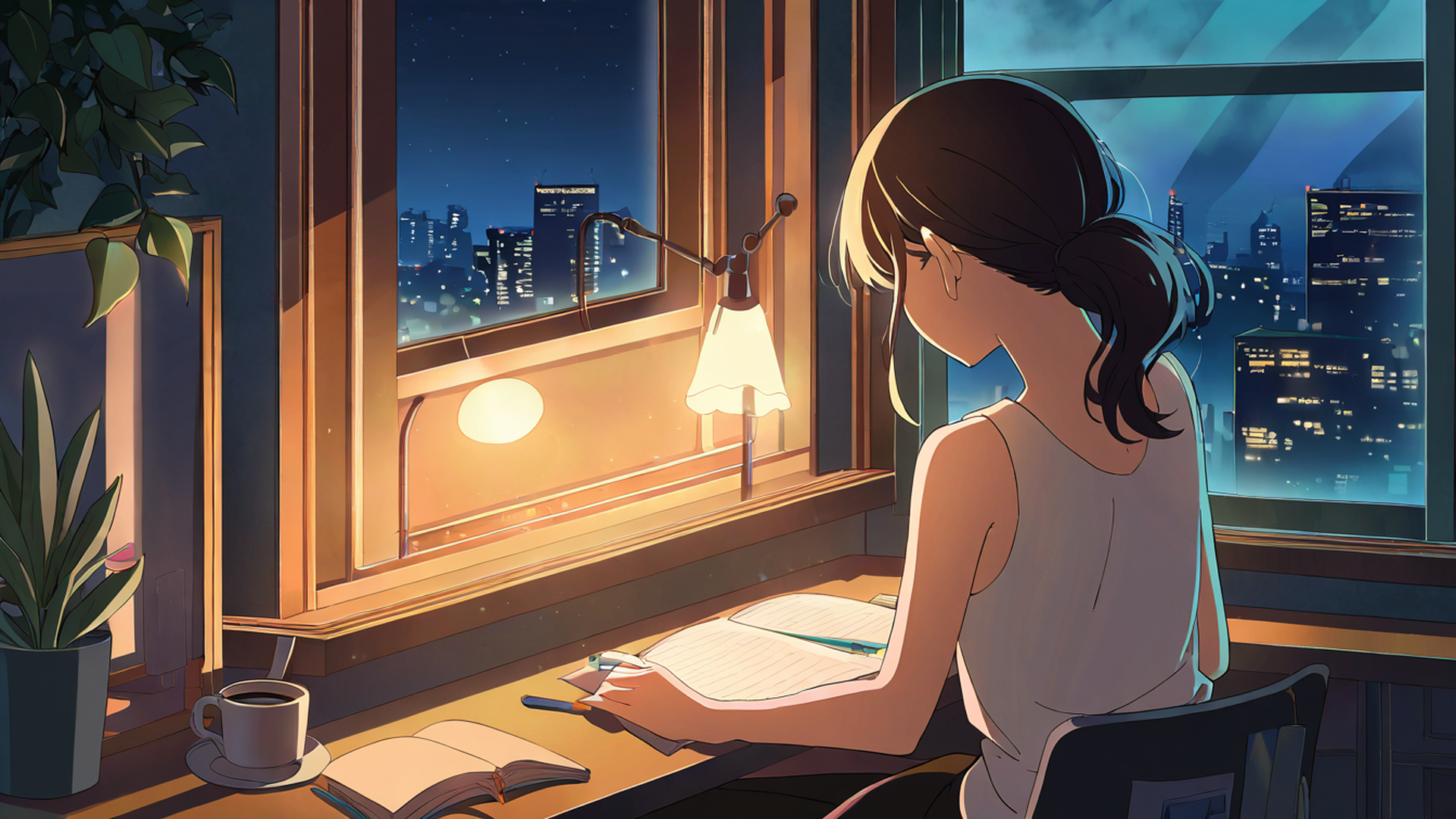 girl desk night lamp lofi wallpaper