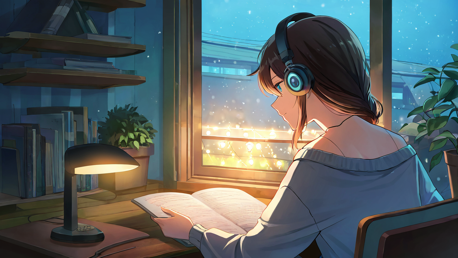 girl desk night lamp lofi wallpaper