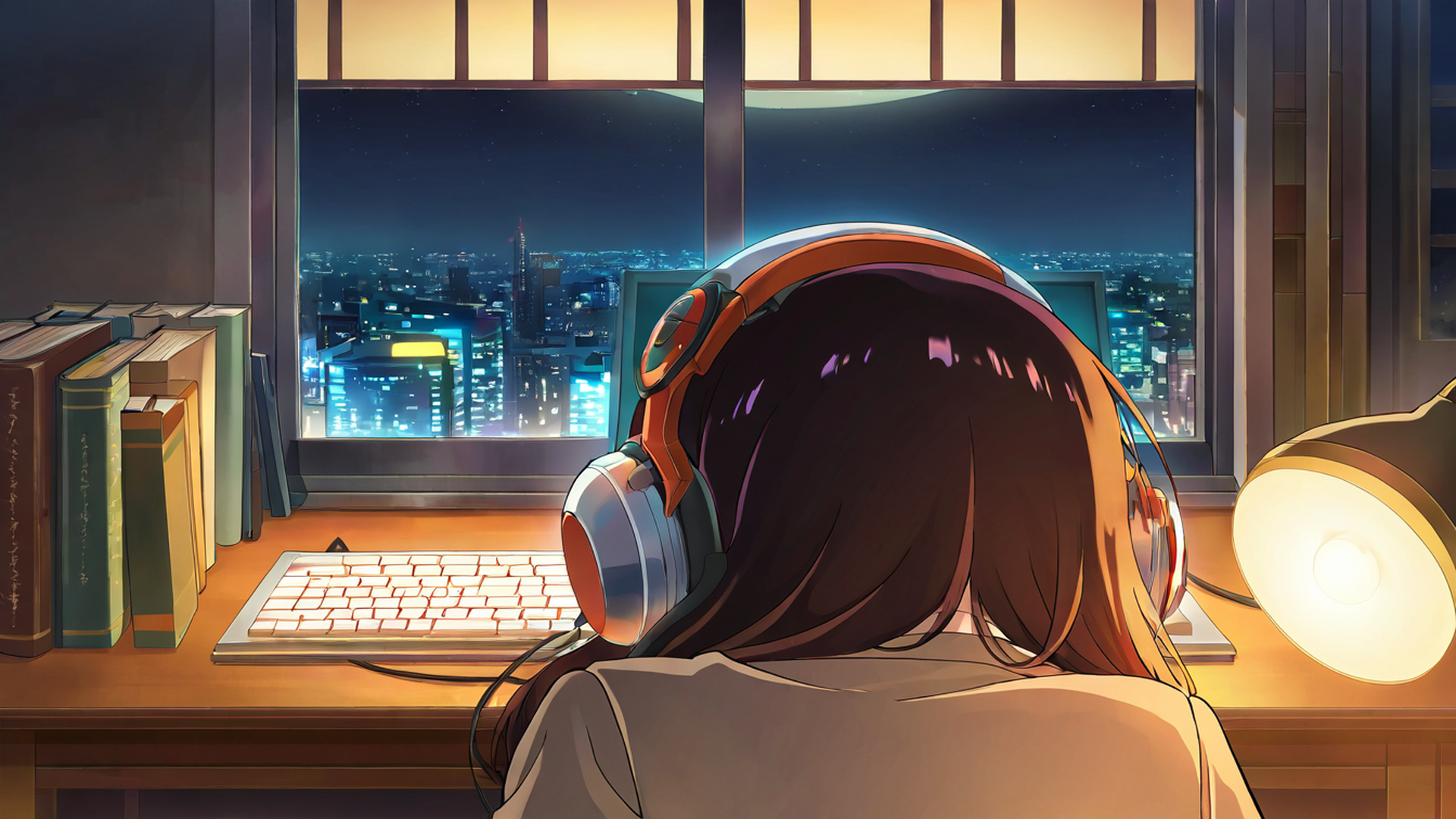 girl desk night lamp lofi wallpaper