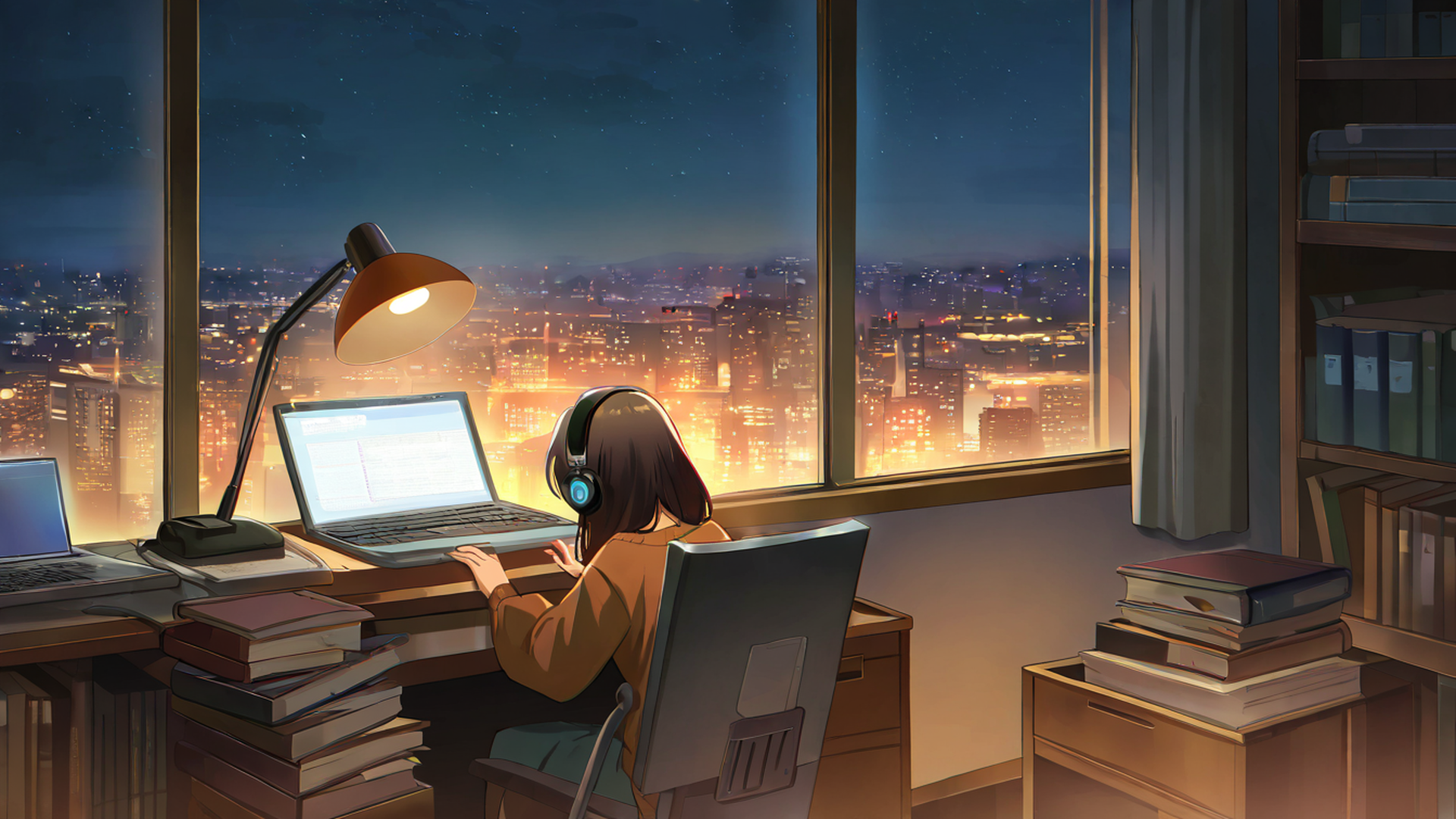 girl desk night lamp lofi wallpaper