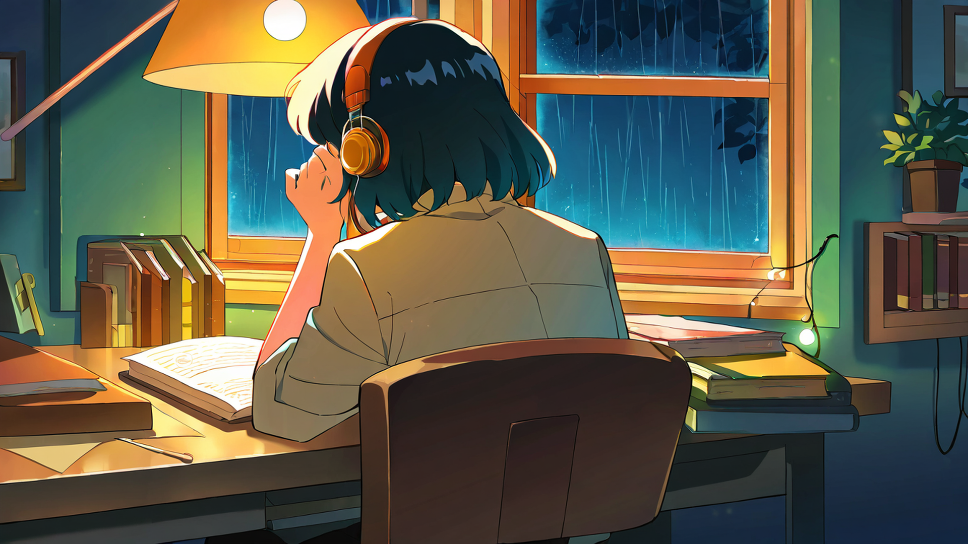 girl desk night lamp lofi wallpaper