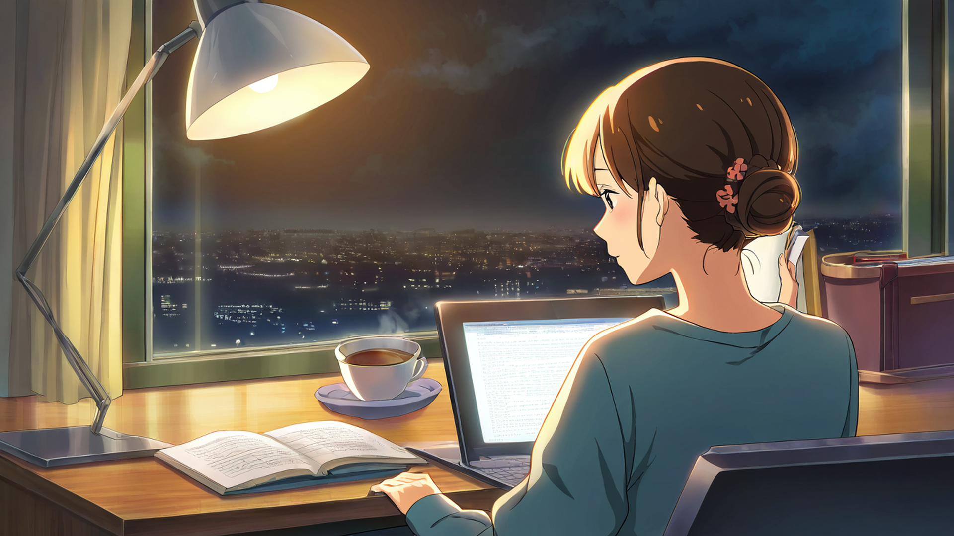 girl desk night lamp lofi wallpaper