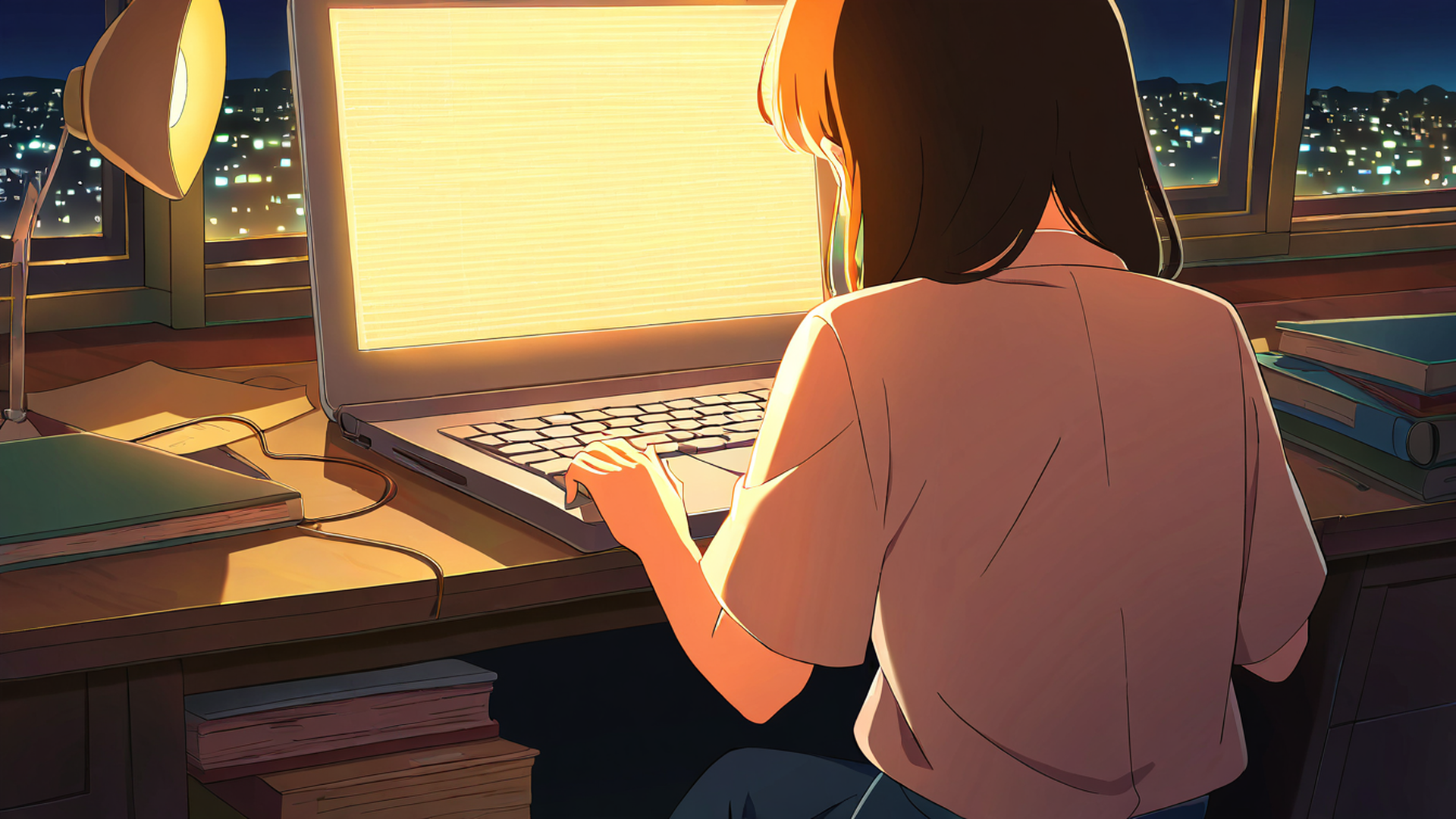 girl desk night lamp lofi wallpaper