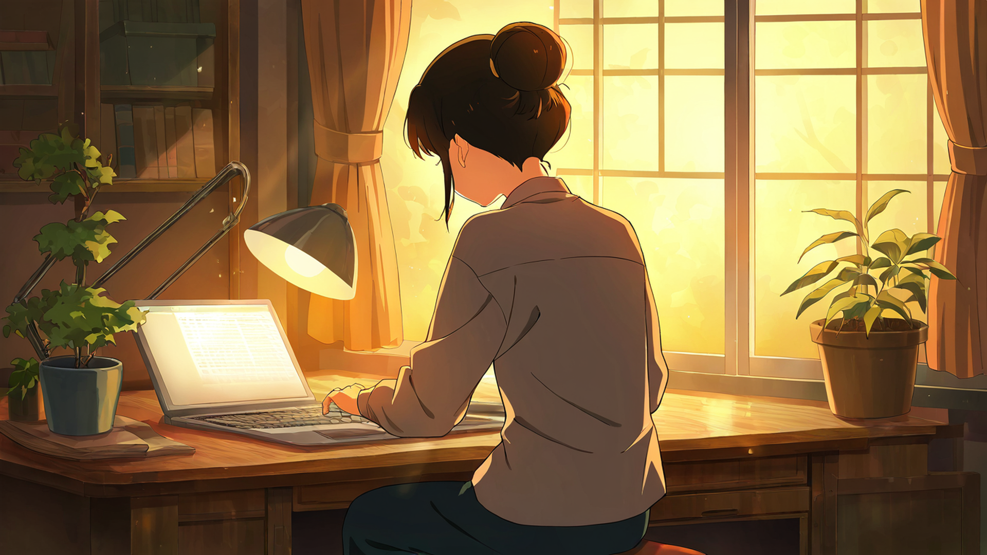 girl desk night lamp lofi wallpaper