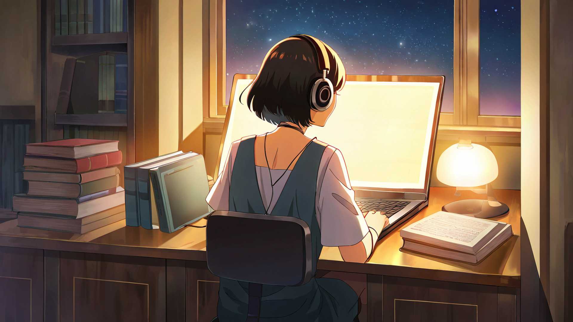 girl desk night lamp lofi wallpaper