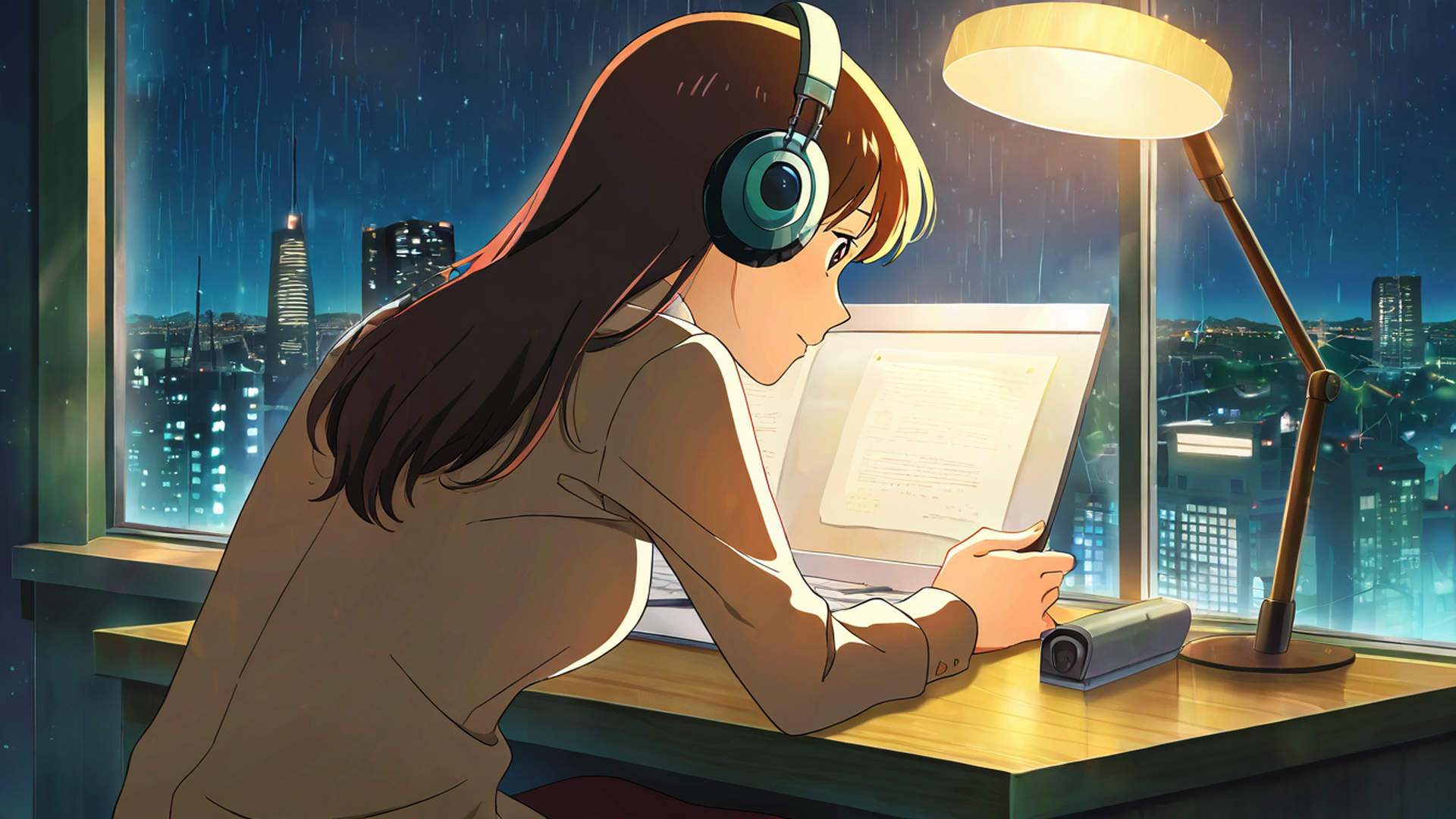 girl desk night lamp lofi wallpaper