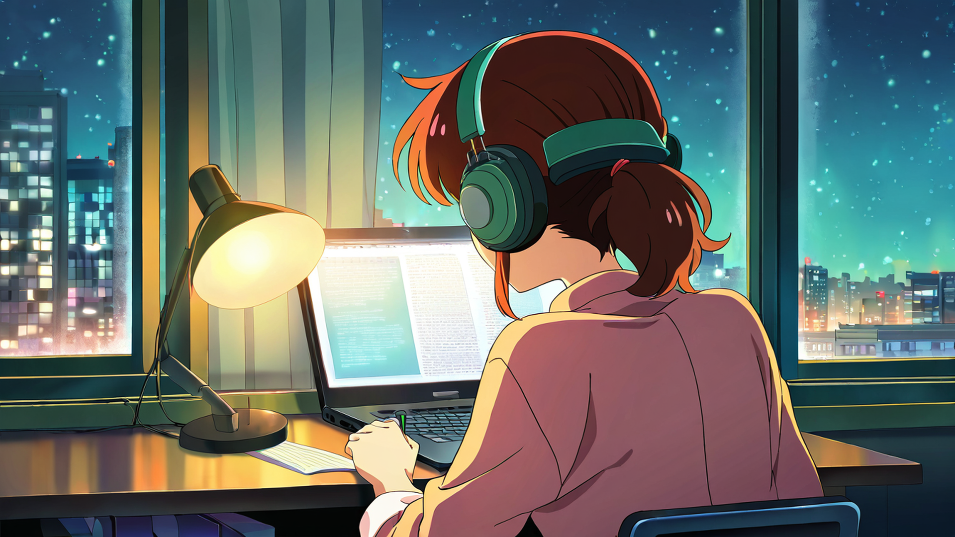 girl desk night lamp lofi wallpaper