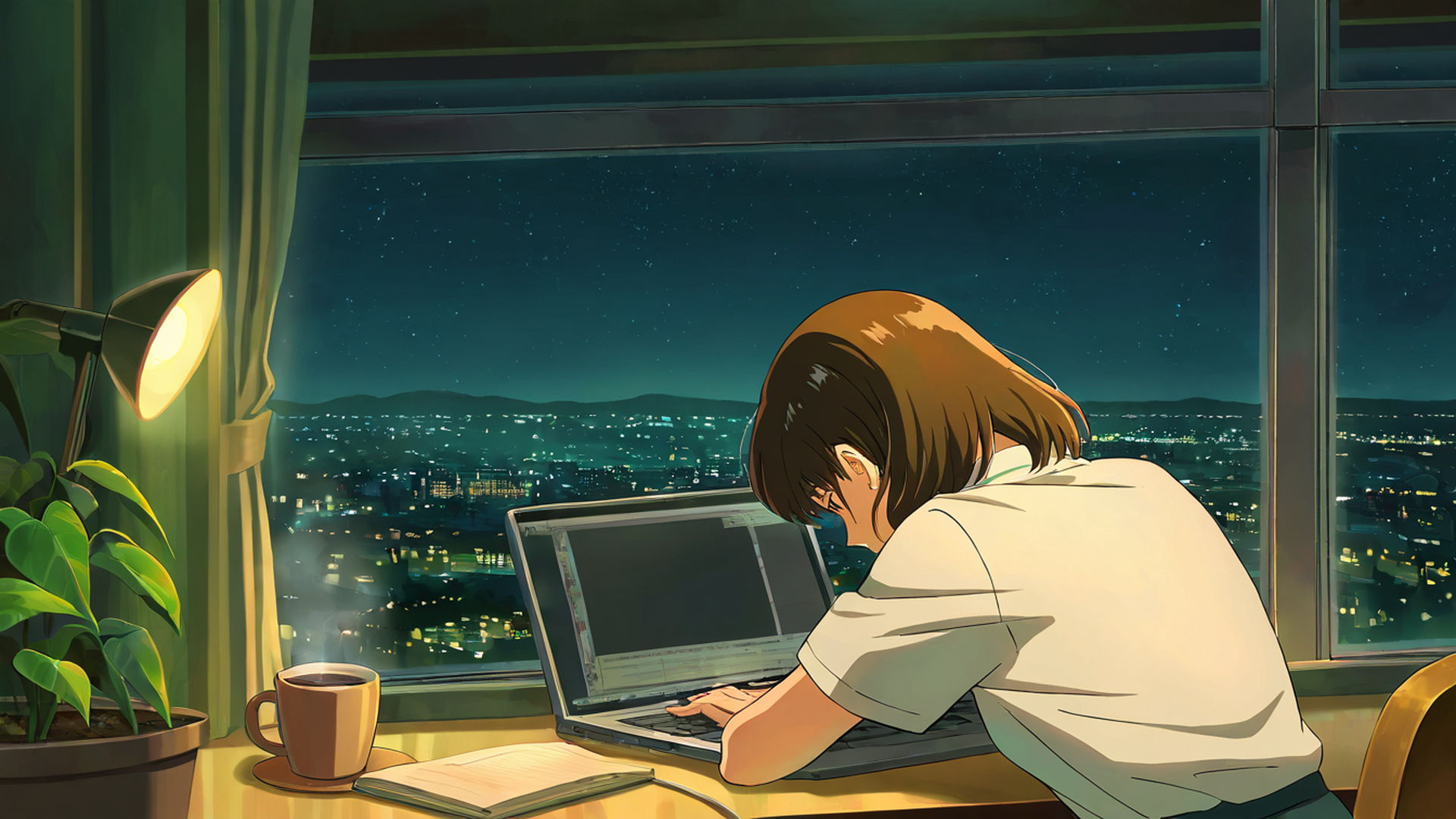 girl desk night lamp lofi wallpaper