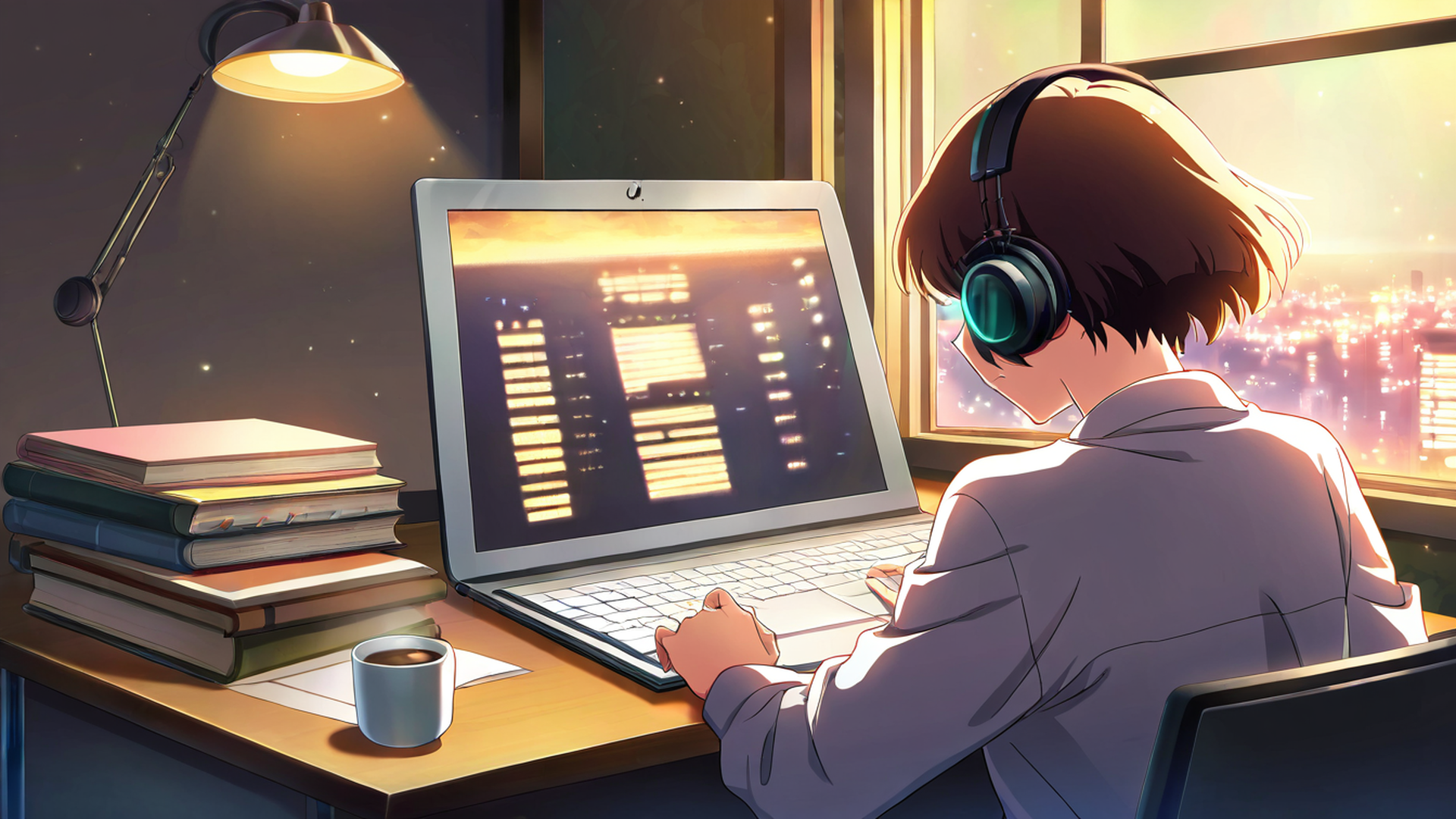 girl desk night lamp lofi wallpaper