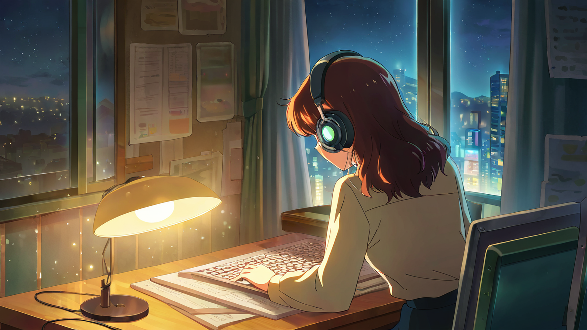 girl desk night lamp lofi wallpaper