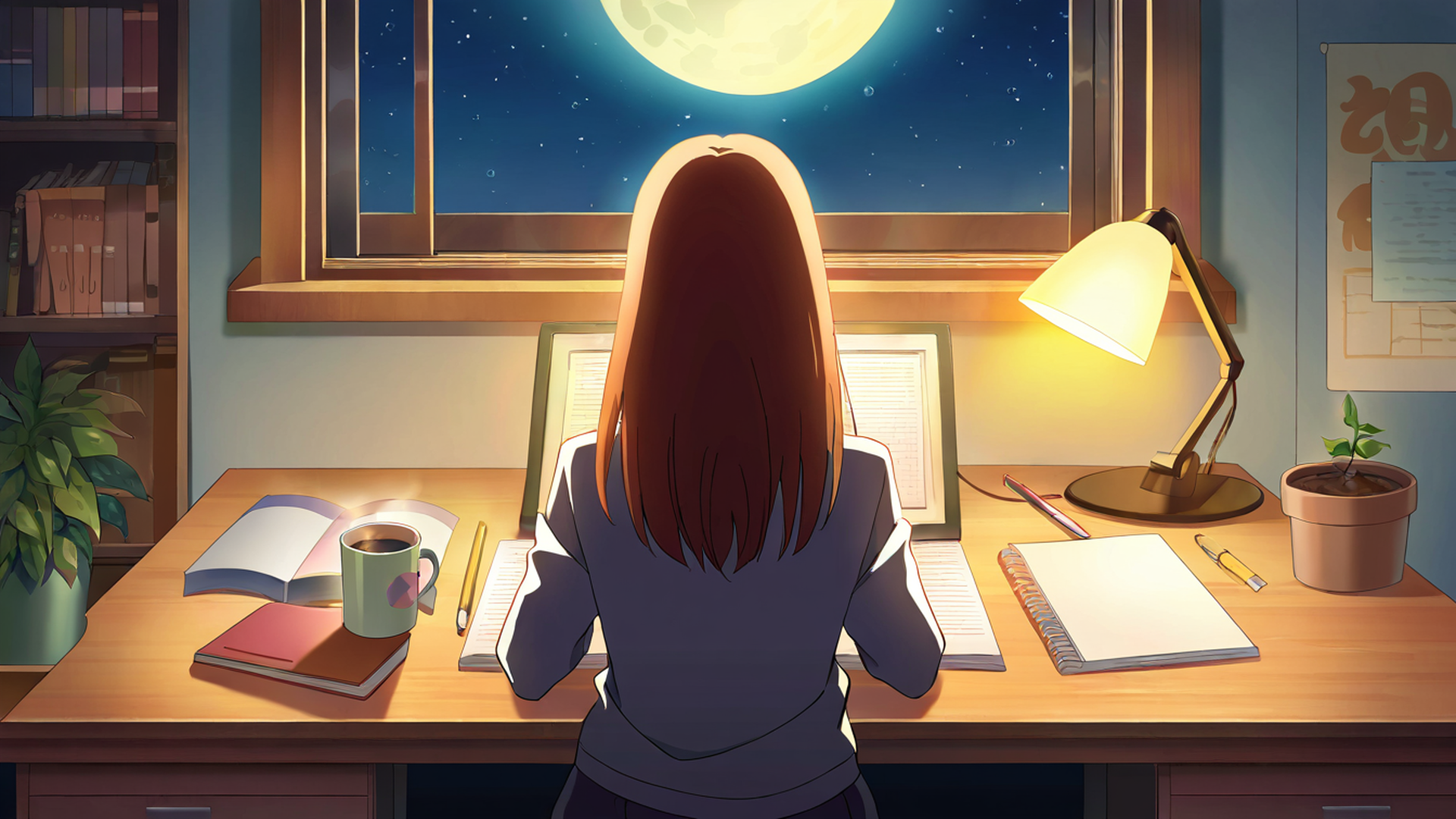 girl desk night lamp lofi wallpaper