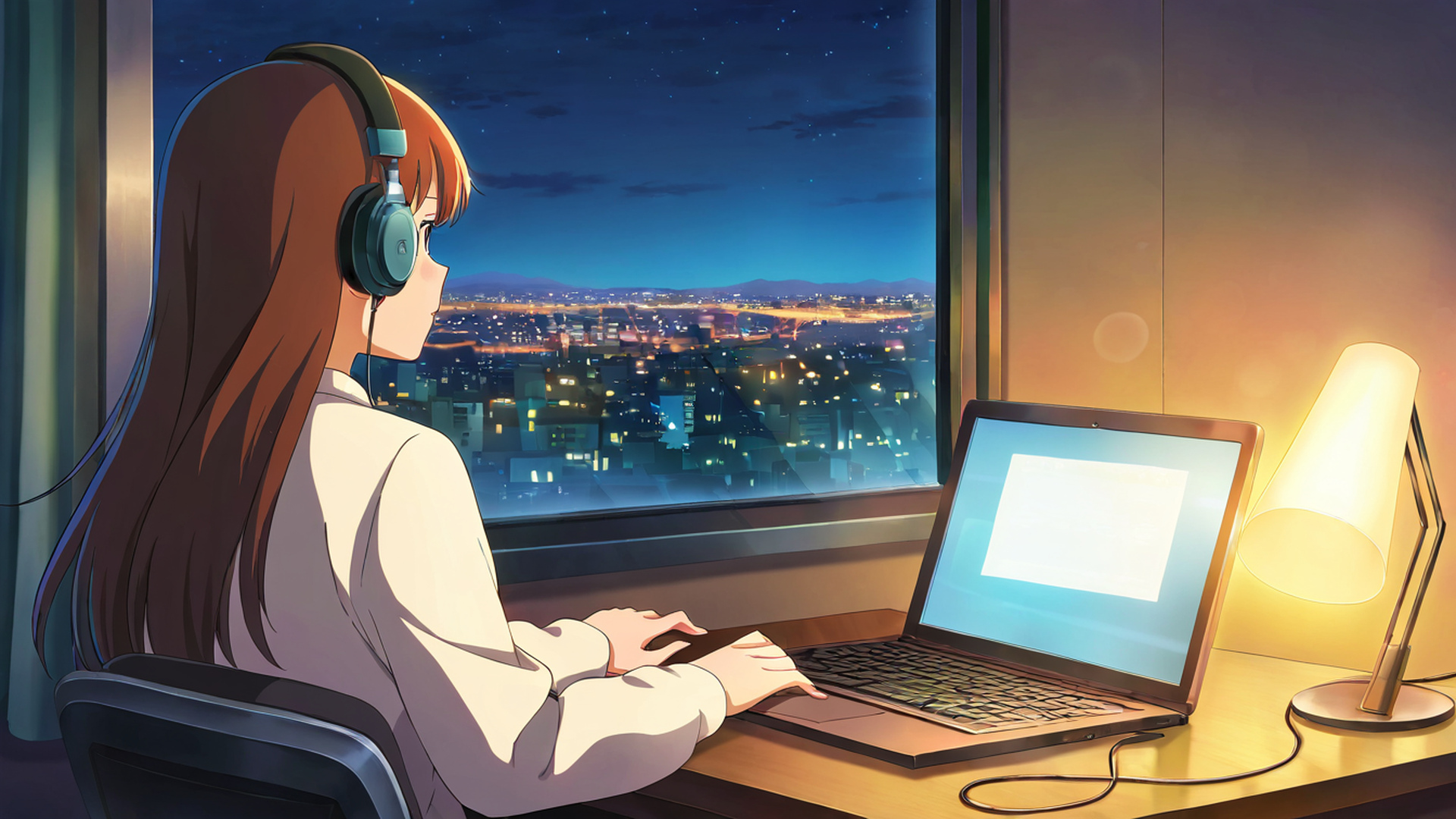 girl desk night lamp lofi wallpaper