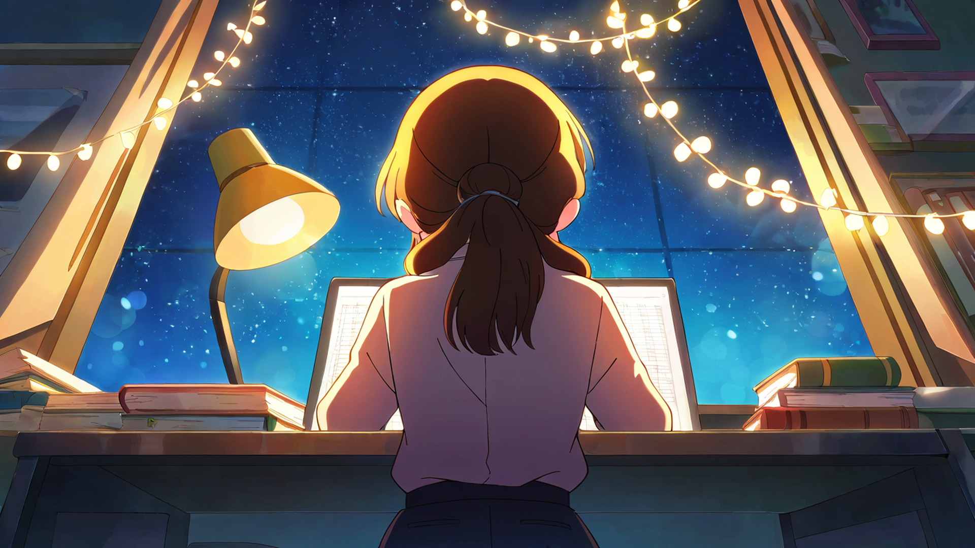 girl desk night lamp lofi wallpaper