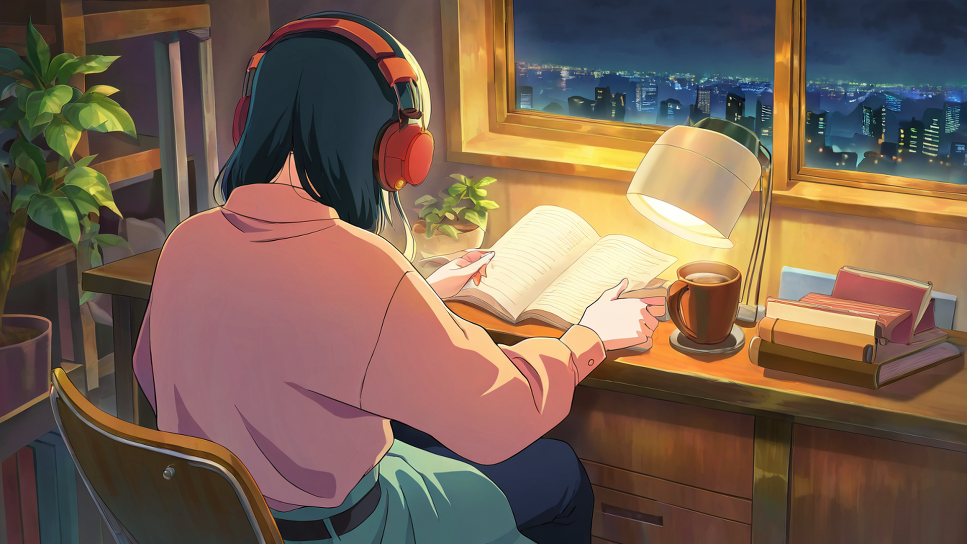 girl desk night lamp lofi wallpaper