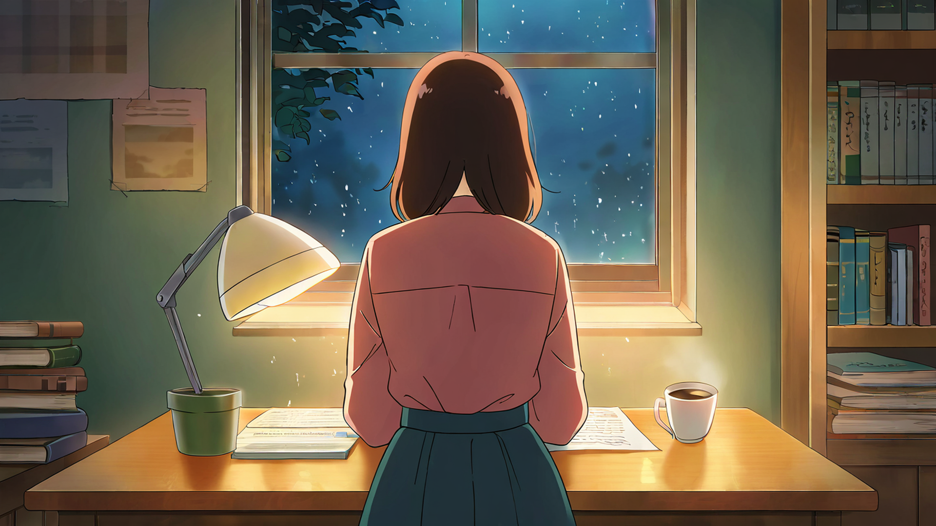 girl desk night lamp lofi wallpaper