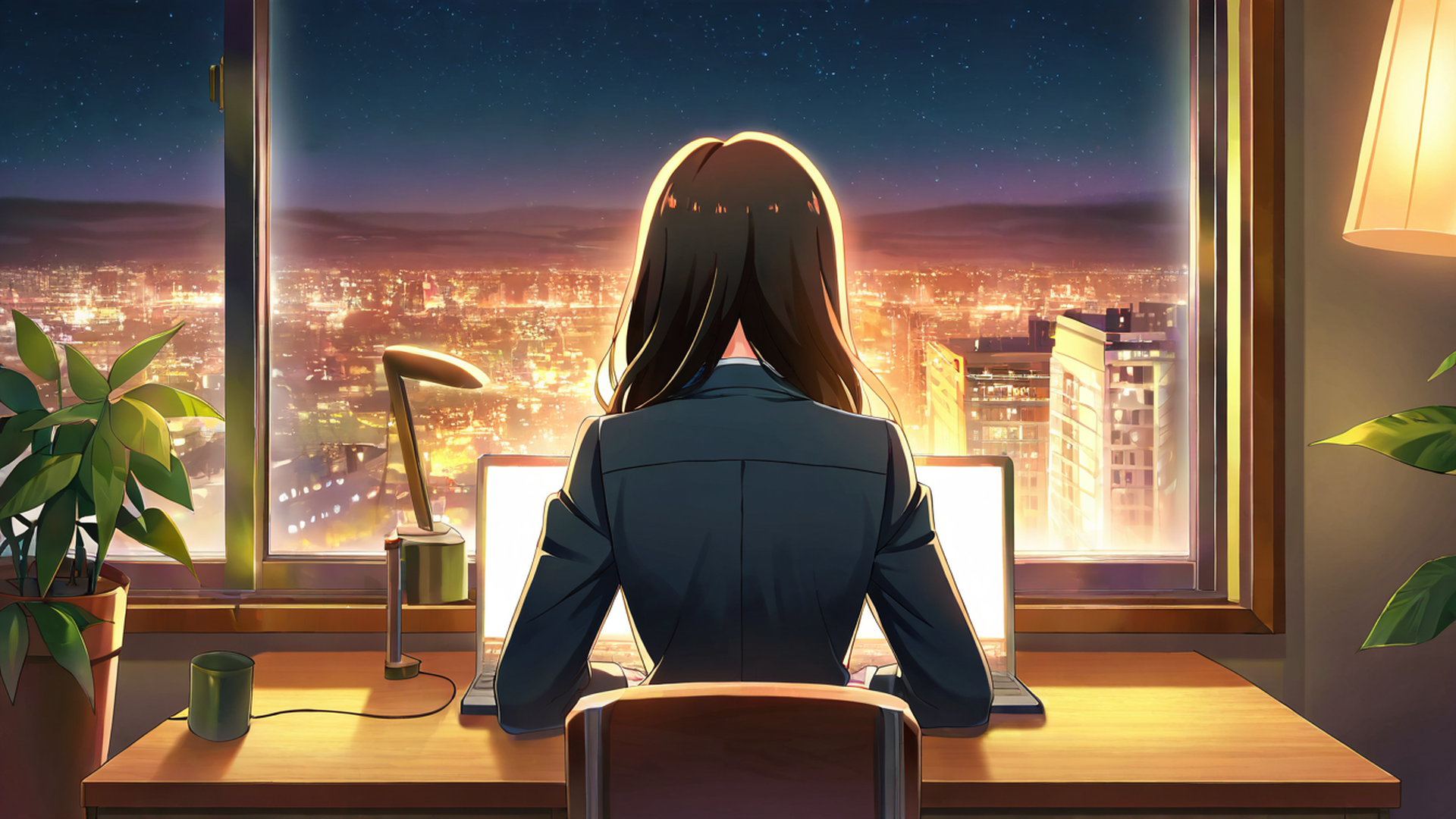girl desk night lamp lofi wallpaper