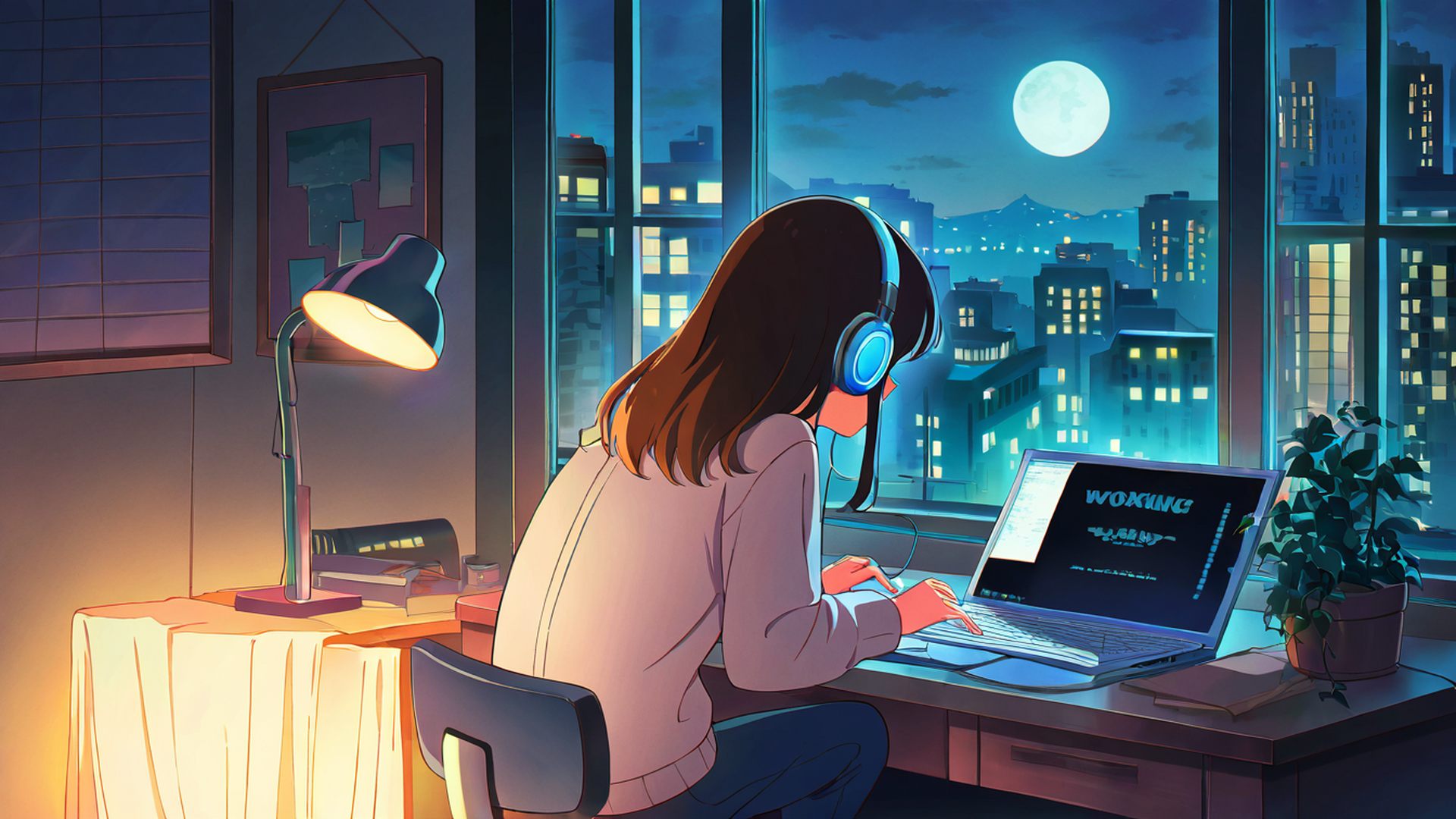 girl desk night lamp lofi wallpaper